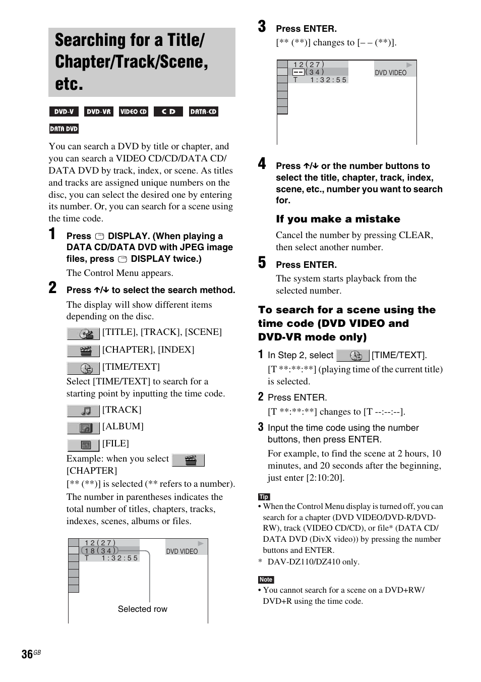 Searching for a title/ chapter/track/scene, etc, Searching for a title/chapter/track, Scene, etc | Sony DAV-DZ110 User Manual | Page 36 / 100