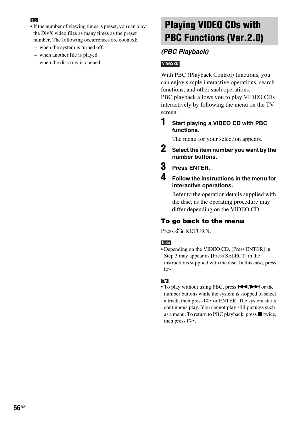 Playing video cds with pbc functions (ver.2.0), Playing video cds with pbc functions, Ver.2.0) (pbc playback) | Sony DAV-DZ110 User Manual | Page 56 / 100