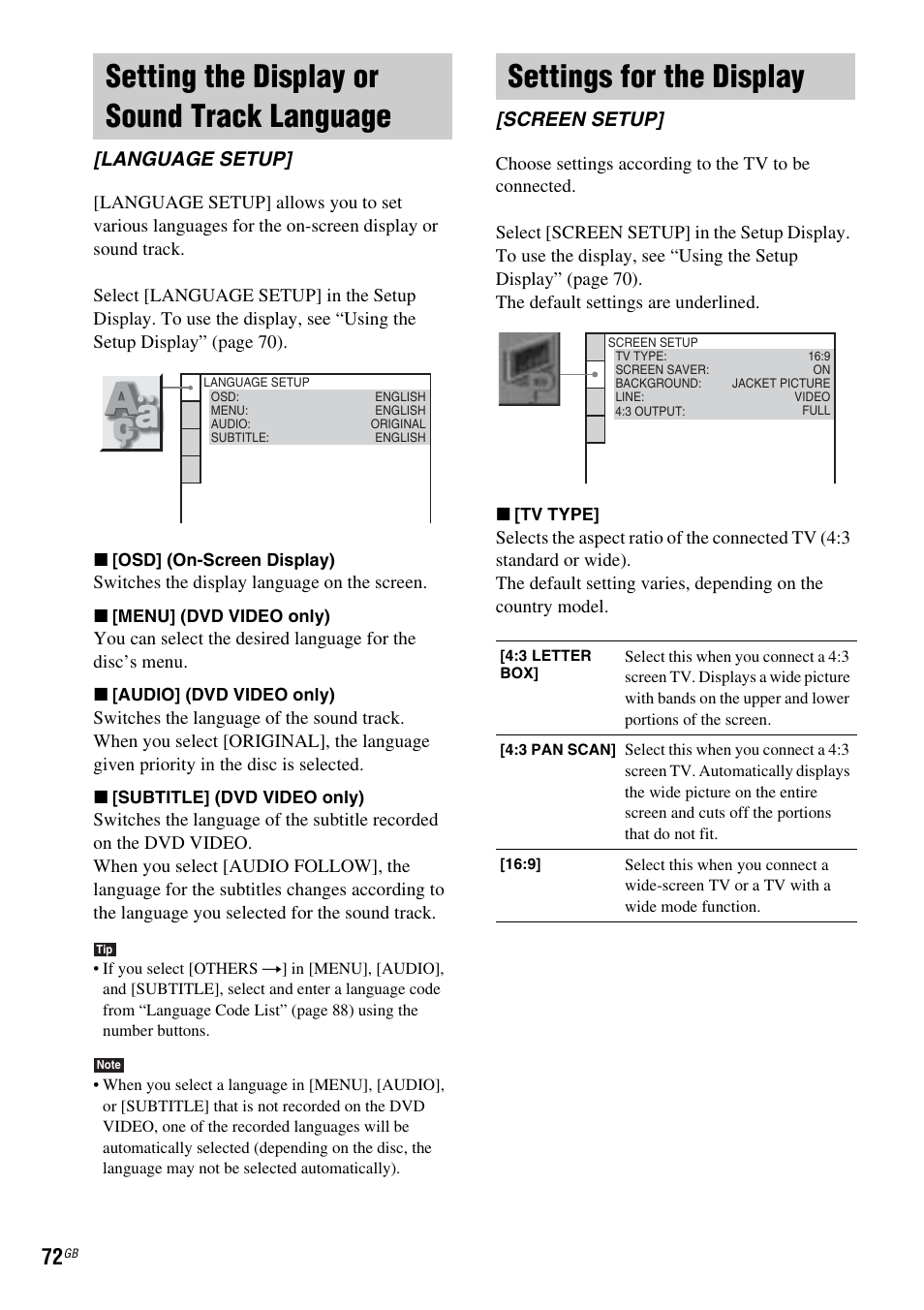 Setting the display or sound track language, Settings for the display, Setting the display or sound track | Language [language setup, Screen setup | Sony DAV-DZ110 User Manual | Page 72 / 100