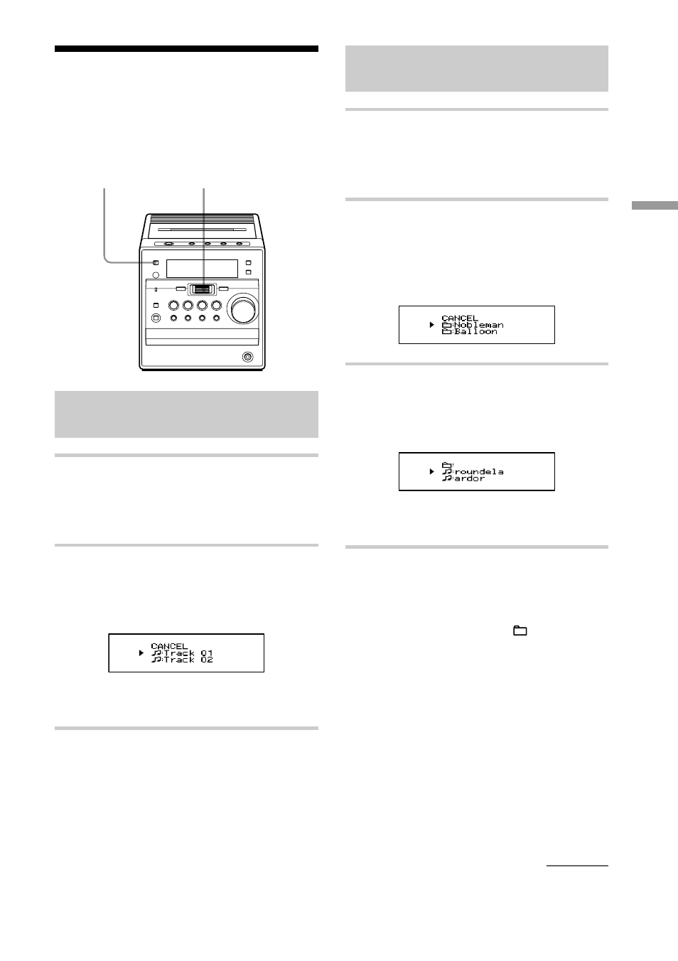 Búsqueda de las pistas/archivos favoritos, Búsqueda de las pistas/ archivos favoritos, Búsqueda de un archivo en un cd de atrac/cd de mp3 | Búsqueda de una pista de un cd de audio | Sony CMT-A5 User Manual | Page 65 / 96