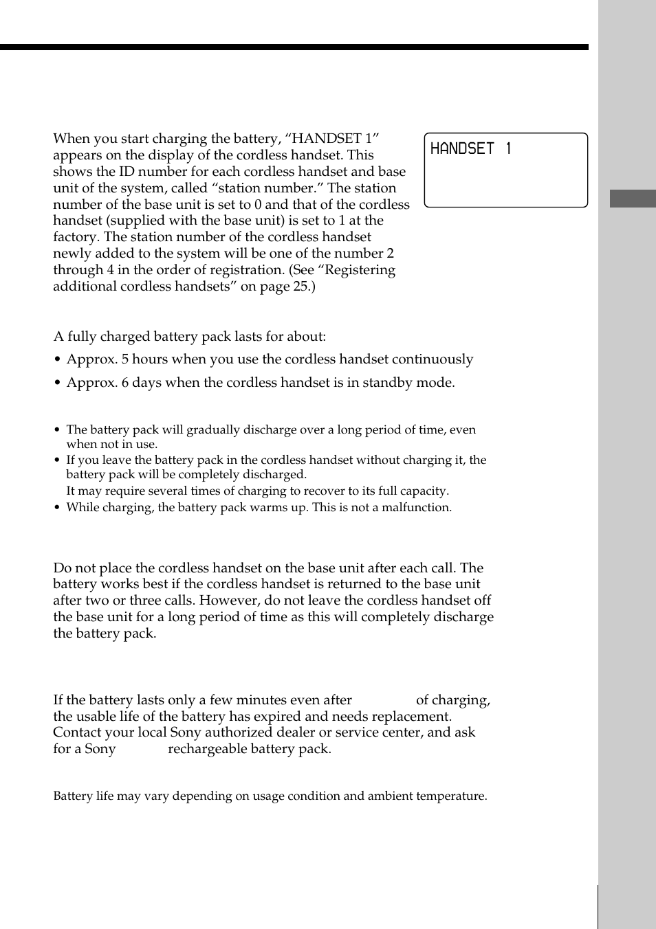 Getting started, Handset 1, About the station number | Battery duration, When to purchase a new battery pack | Sony SPP-A2770 User Manual | Page 15 / 88