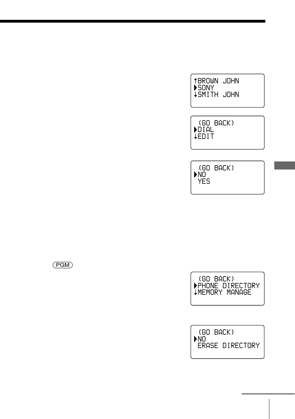 Erasing a memory location, Brown john sony smith john, Go back) no yes | Go back) no erase directory, Go back) dial edit | Sony SPP-A2770 User Manual | Page 45 / 88