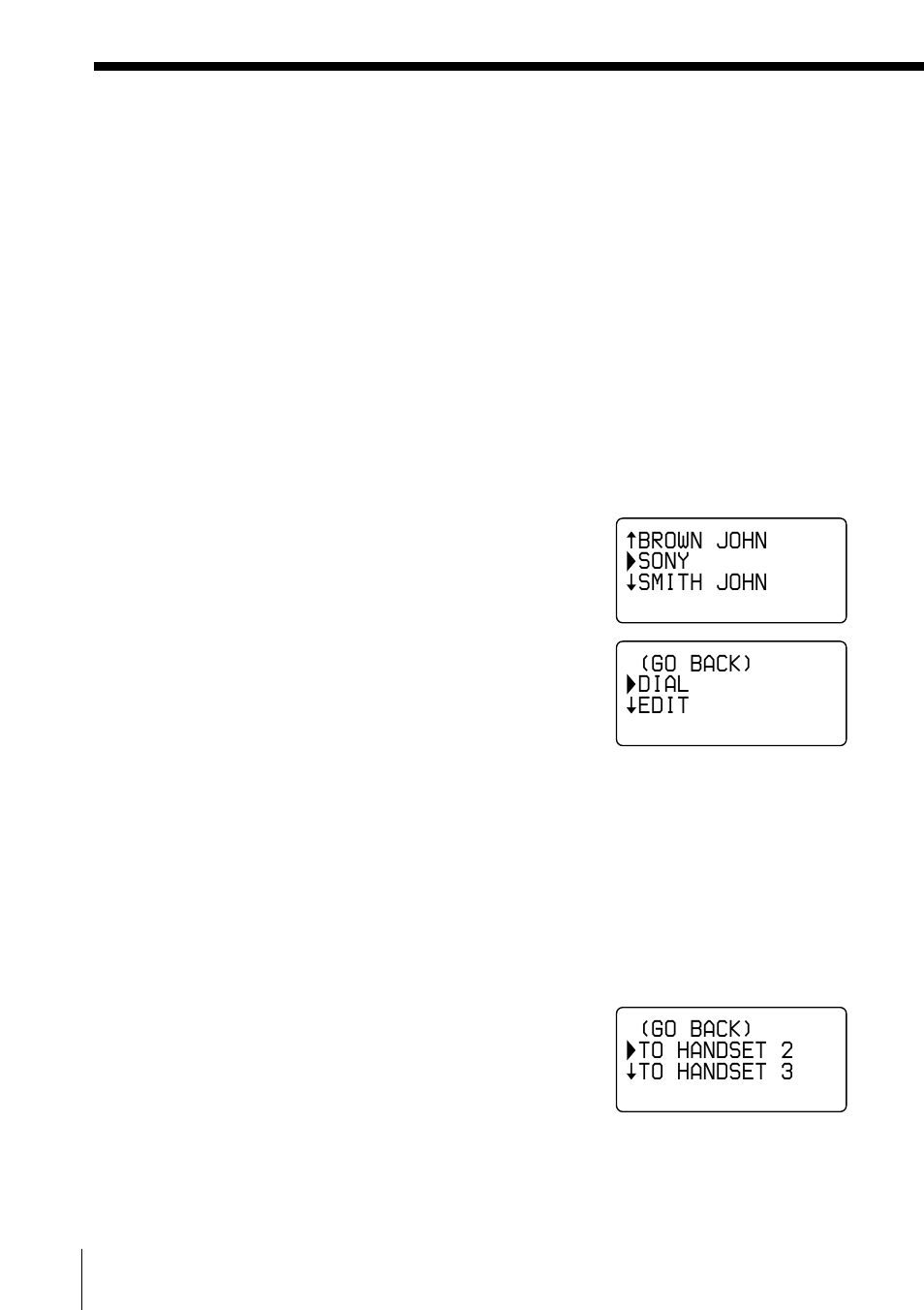 Transferring the phone directory memory, Brown john sony smith john, Go back) to handset 2 to handset 3 | Go back) dial edit | Sony SPP-A2770 User Manual | Page 46 / 88