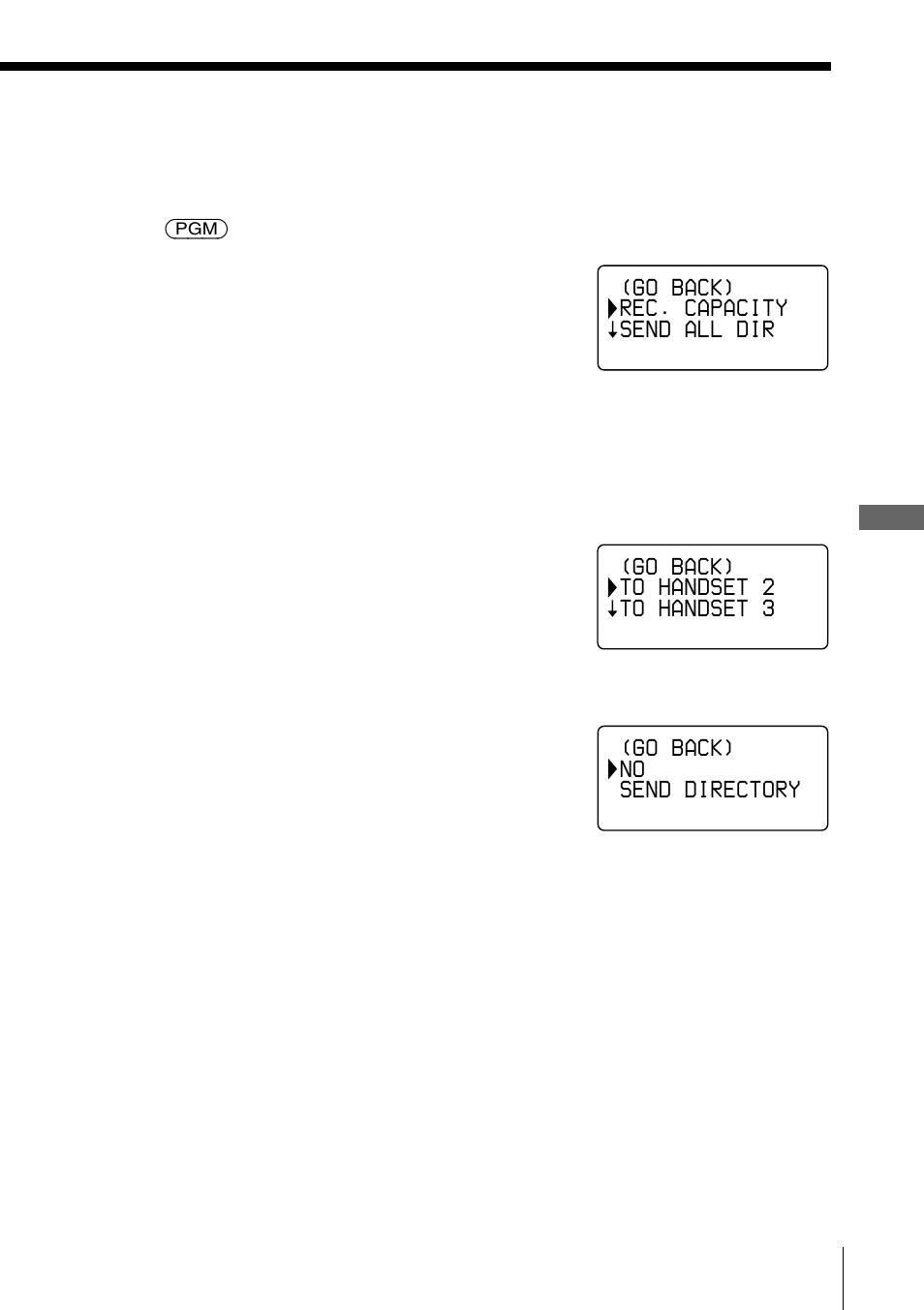 Go back) rec. capacity send all dir, Go back) no send directory, Go back) to handset 2 to handset 3 | Sony SPP-A2770 User Manual | Page 47 / 88