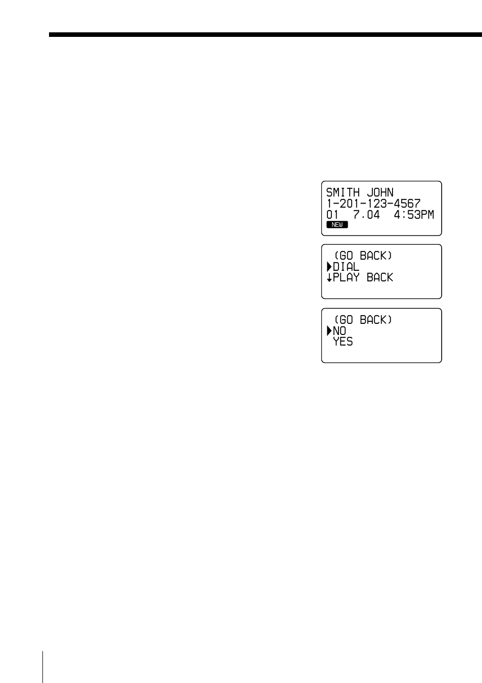 Erasing data from the caller id list, Go back) dial play back, Go back) no yes | Sony SPP-A2770 User Manual | Page 70 / 88