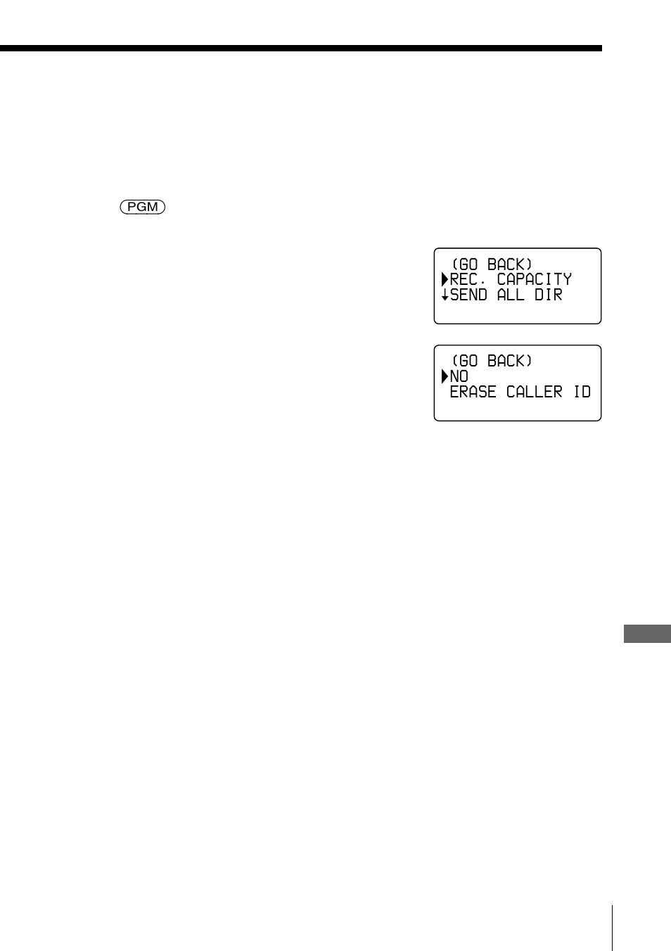 Go back) rec. capacity send all dir, Go back) no erase caller id | Sony SPP-A2770 User Manual | Page 71 / 88