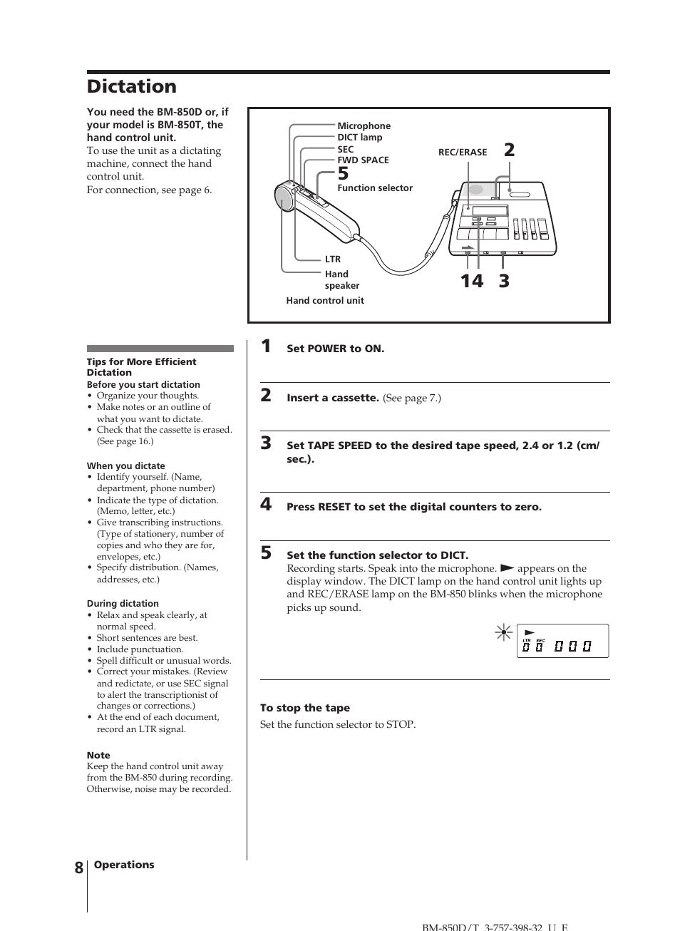 Dictation | Sony BM-850D User Manual | Page 8 / 24