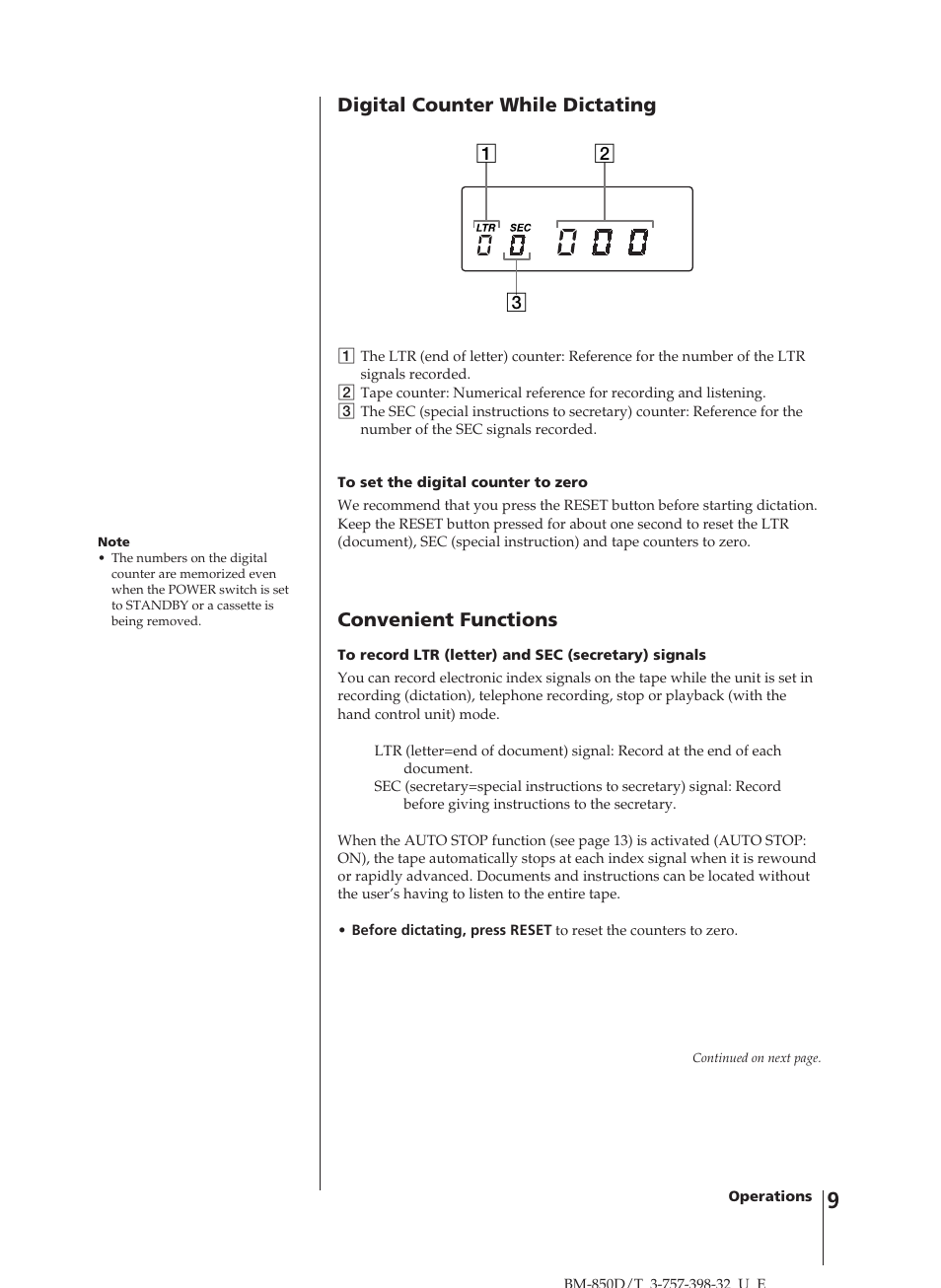Digital counter while dictating, Convenient functions | Sony BM-850D User Manual | Page 9 / 24