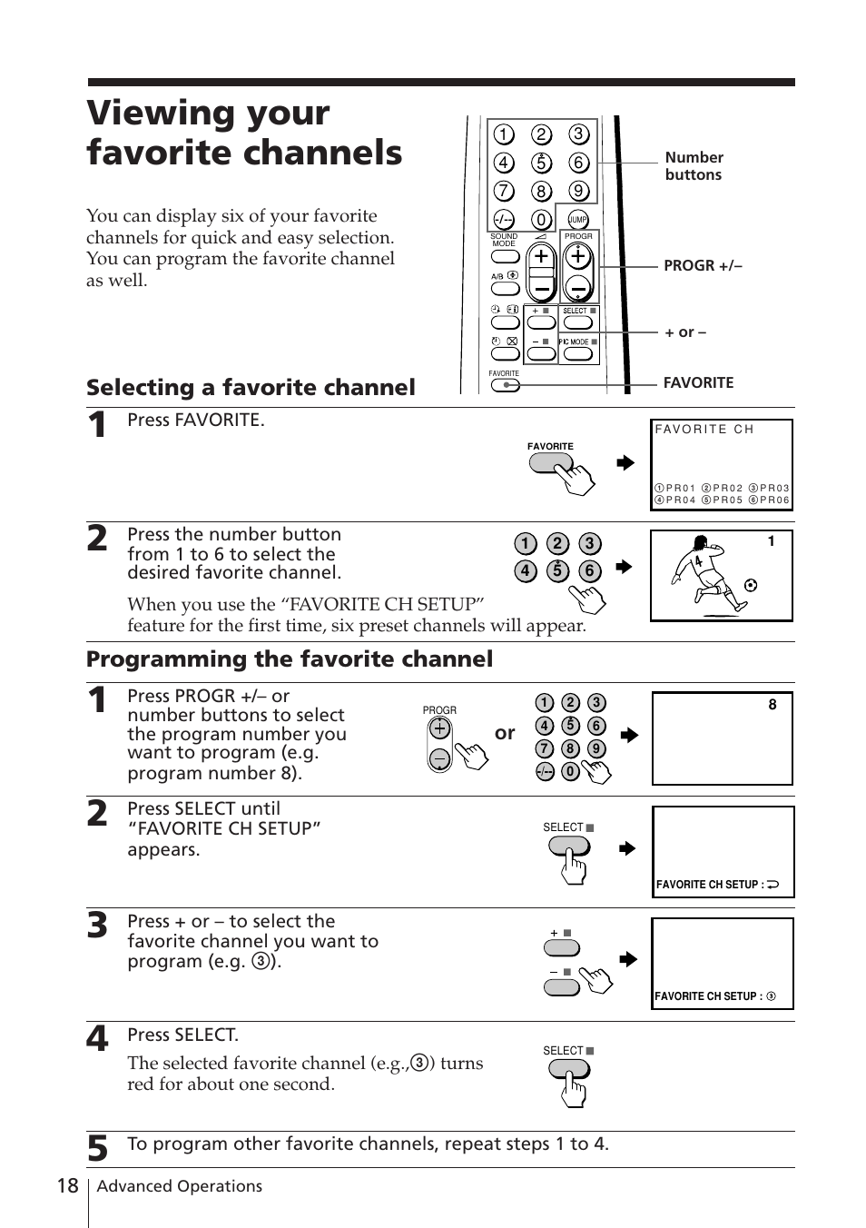 Viewing your favorite channels, Selecting a favorite channel, Programming the favorite channel | Sony WEGA KV-XJ29 User Manual | Page 18 / 26
