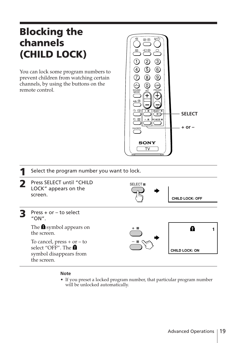 Blocking the channels (child lock) | Sony WEGA KV-XJ29 User Manual | Page 19 / 26