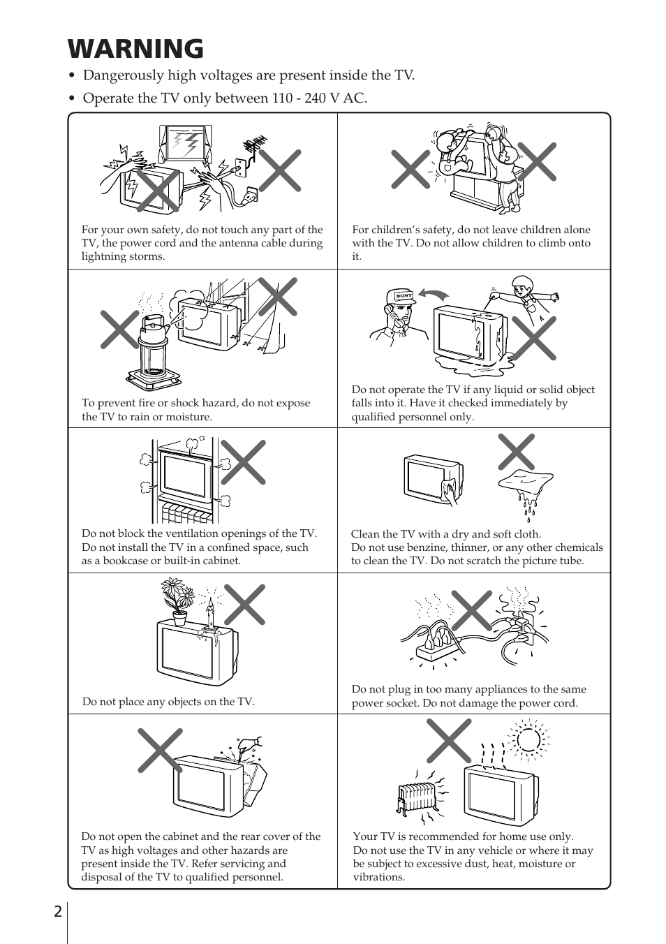 Warning | Sony WEGA KV-XJ29 User Manual | Page 2 / 26