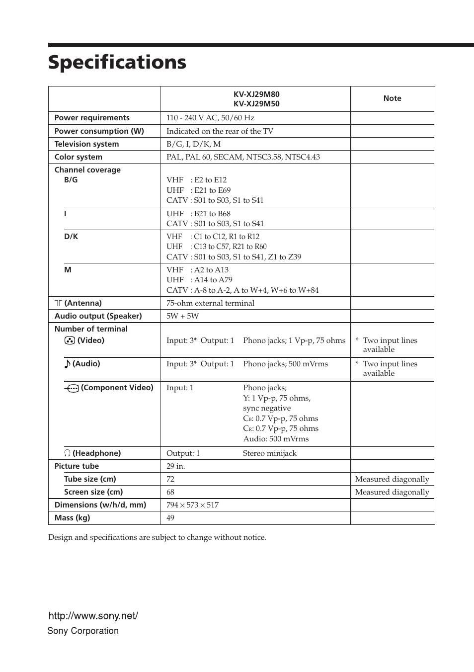 Specifications | Sony WEGA KV-XJ29 User Manual | Page 26 / 26