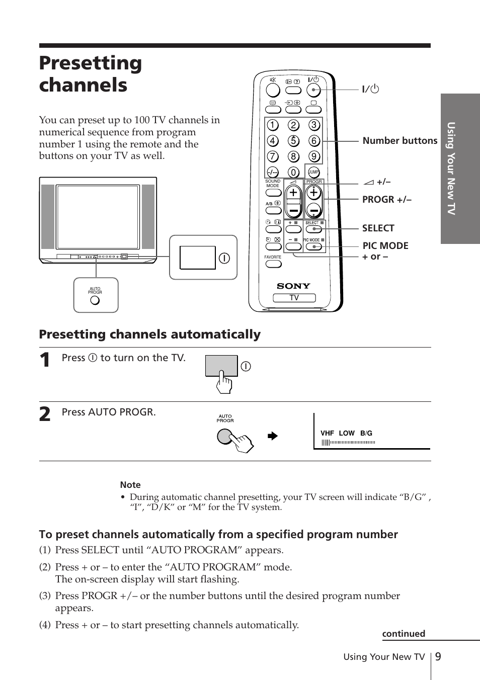 Presetting channels, Presetting channels automatically | Sony WEGA KV-XJ29 User Manual | Page 9 / 26