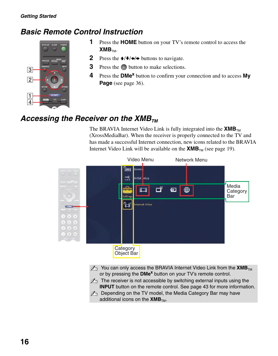 Basic remote control instruction, Accessing the receiver on the xmbtm, 16 basic remote control instruction | Accessing the receiver on the xmb | Sony BRAVIA DMX-NV1 User Manual | Page 16 / 54