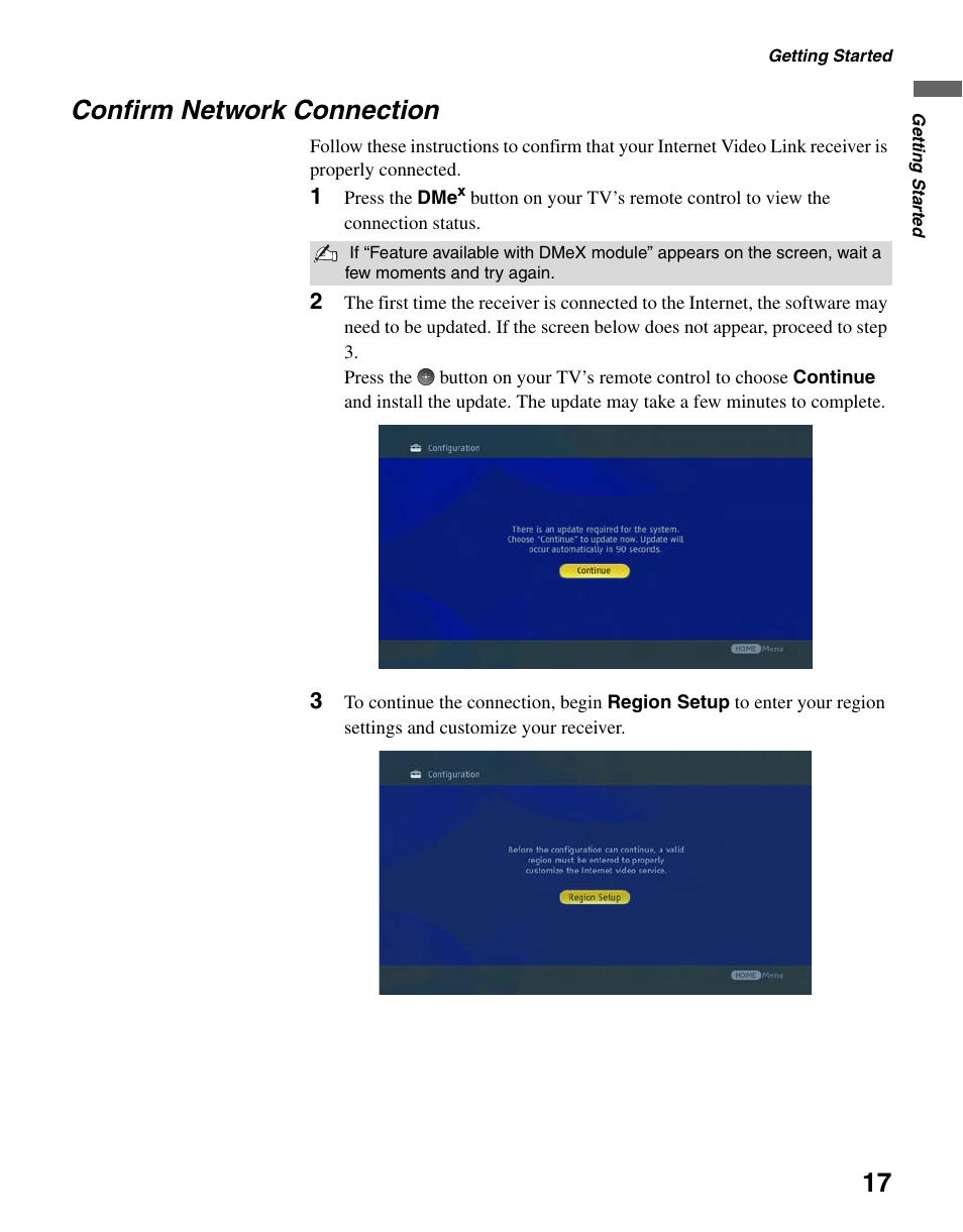 Confirm network connection | Sony BRAVIA DMX-NV1 User Manual | Page 17 / 54