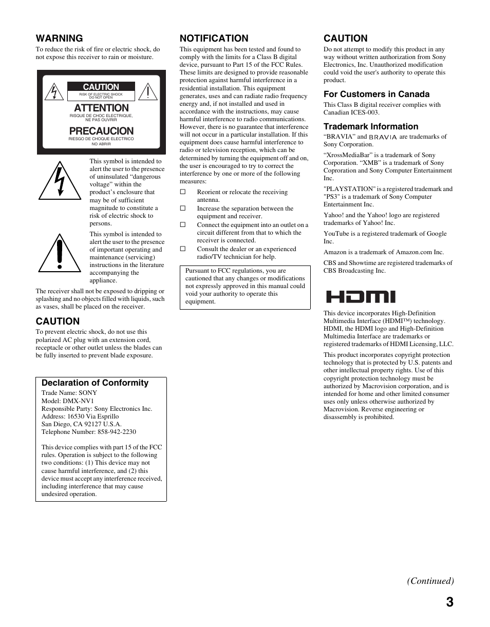 Attention, Precaucion, Warning | Caution, Notification, Continued) | Sony BRAVIA DMX-NV1 User Manual | Page 3 / 54