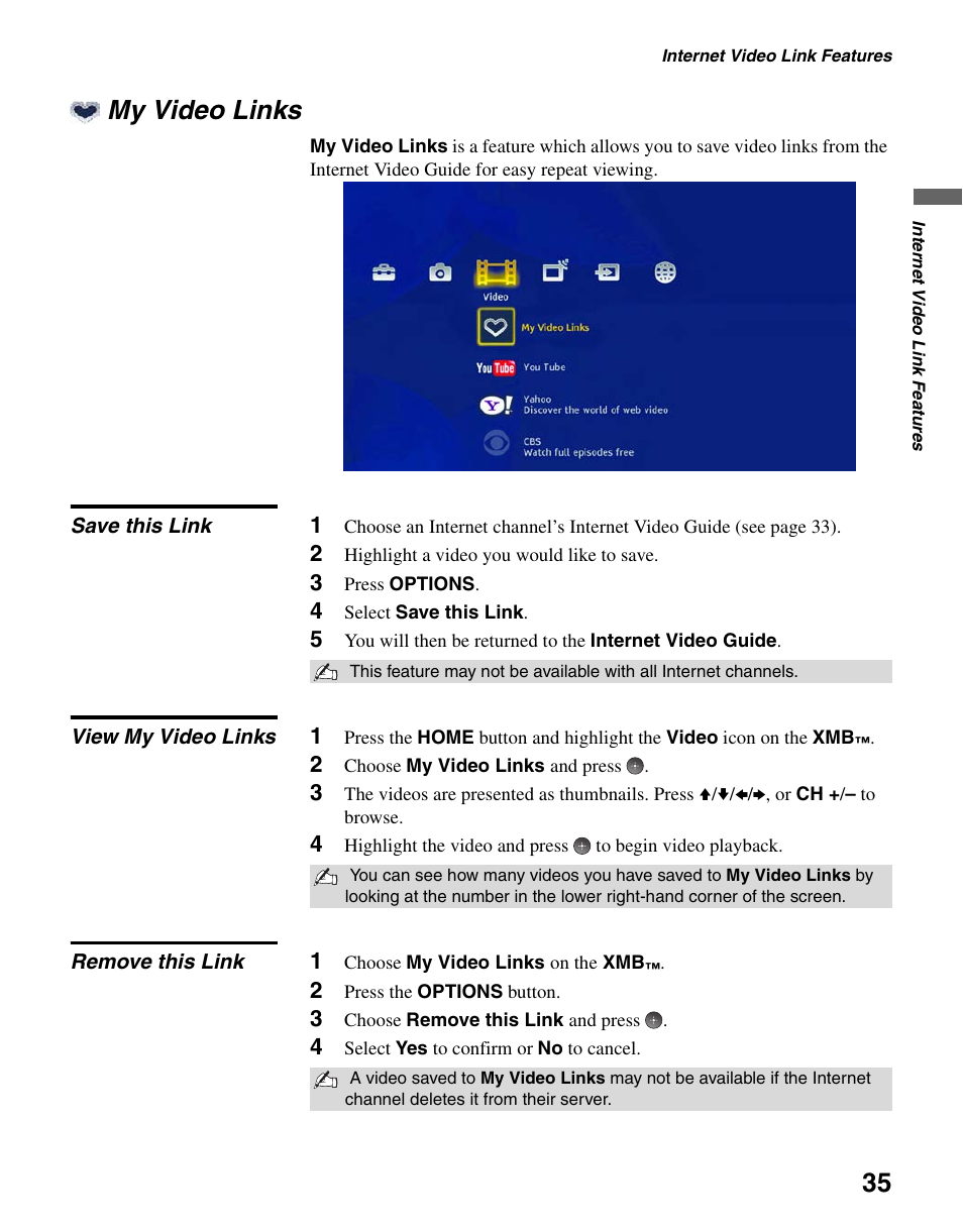 My video links, Save this link, View my video links | Remove this link | Sony BRAVIA DMX-NV1 User Manual | Page 35 / 54