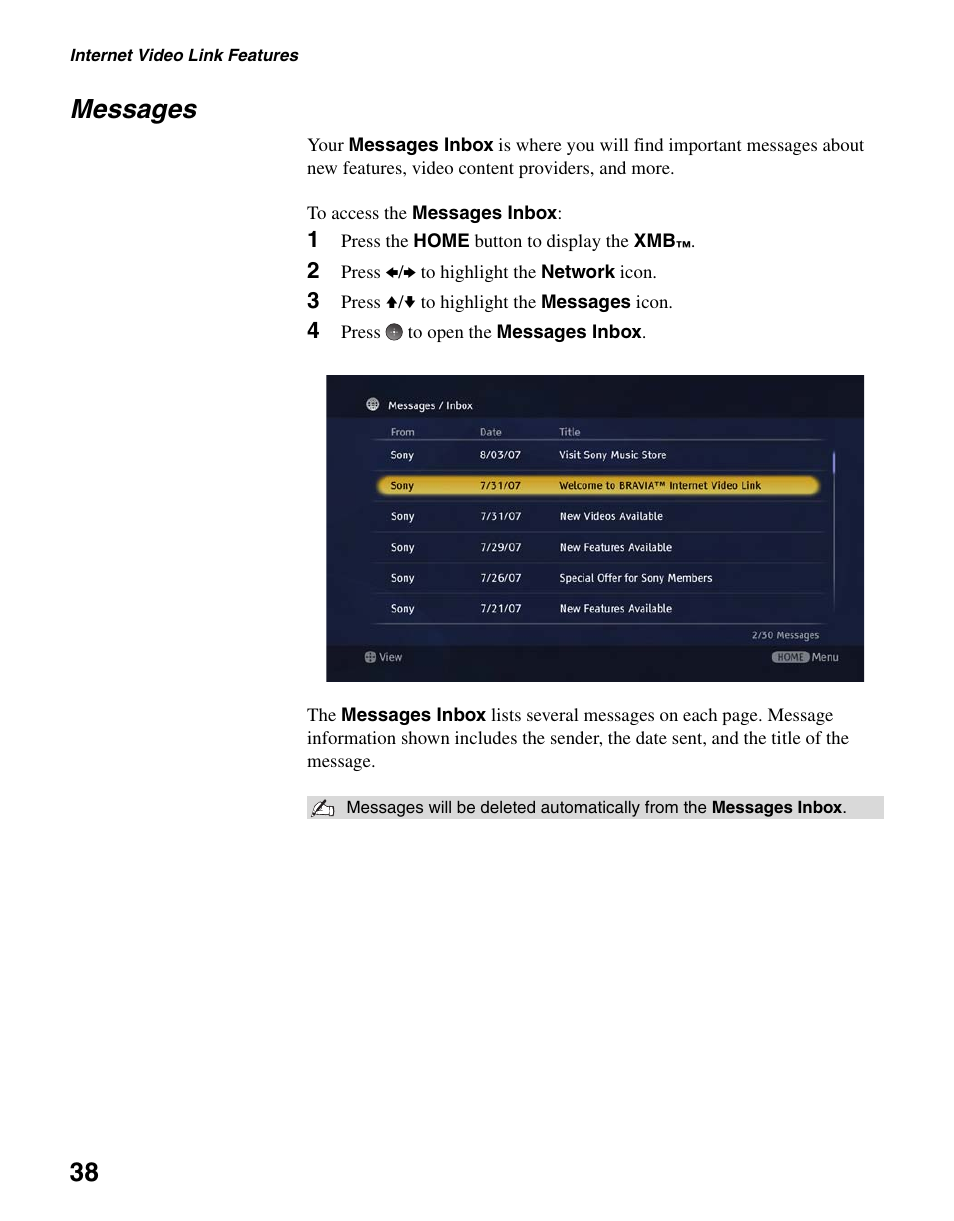 Messages, 38 messages | Sony BRAVIA DMX-NV1 User Manual | Page 38 / 54