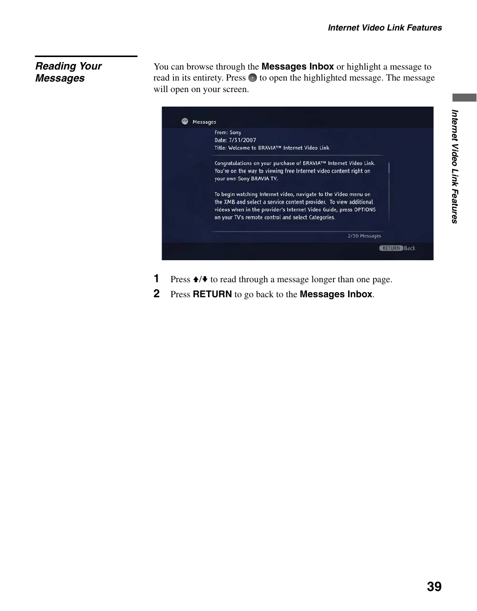 Reading your messages | Sony BRAVIA DMX-NV1 User Manual | Page 39 / 54