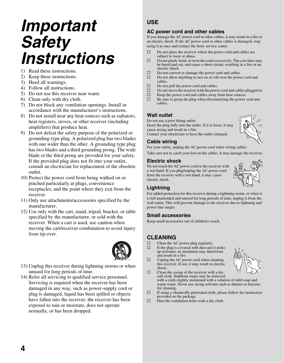 Important safety instructions | Sony BRAVIA DMX-NV1 User Manual | Page 4 / 54