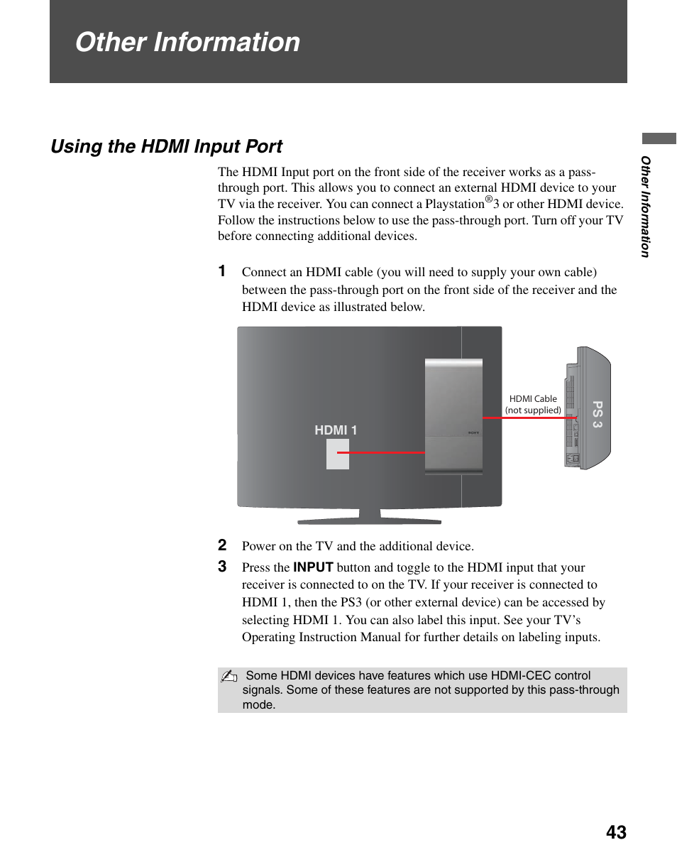 Other information, Using the hdmi input port | Sony BRAVIA DMX-NV1 User Manual | Page 43 / 54