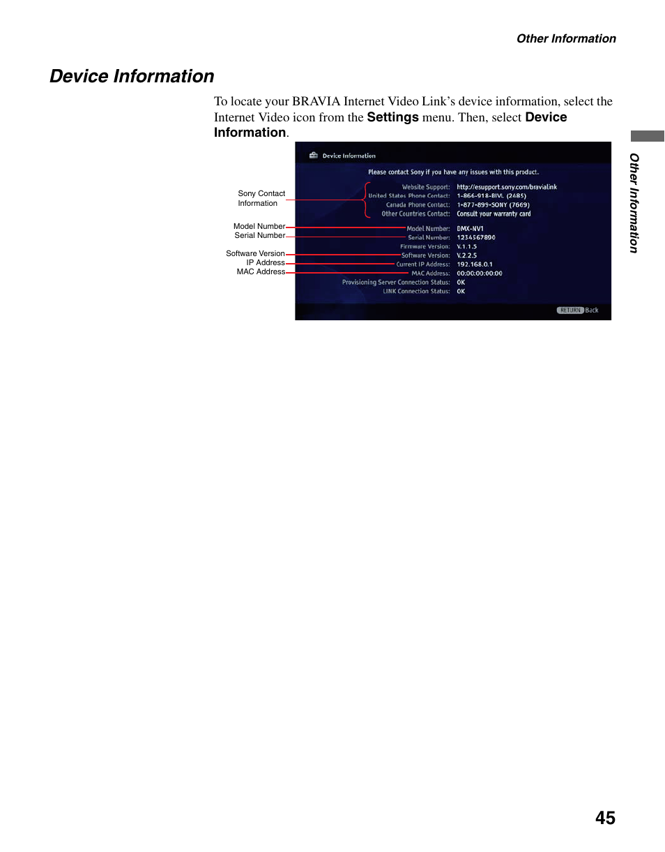 Device information | Sony BRAVIA DMX-NV1 User Manual | Page 45 / 54