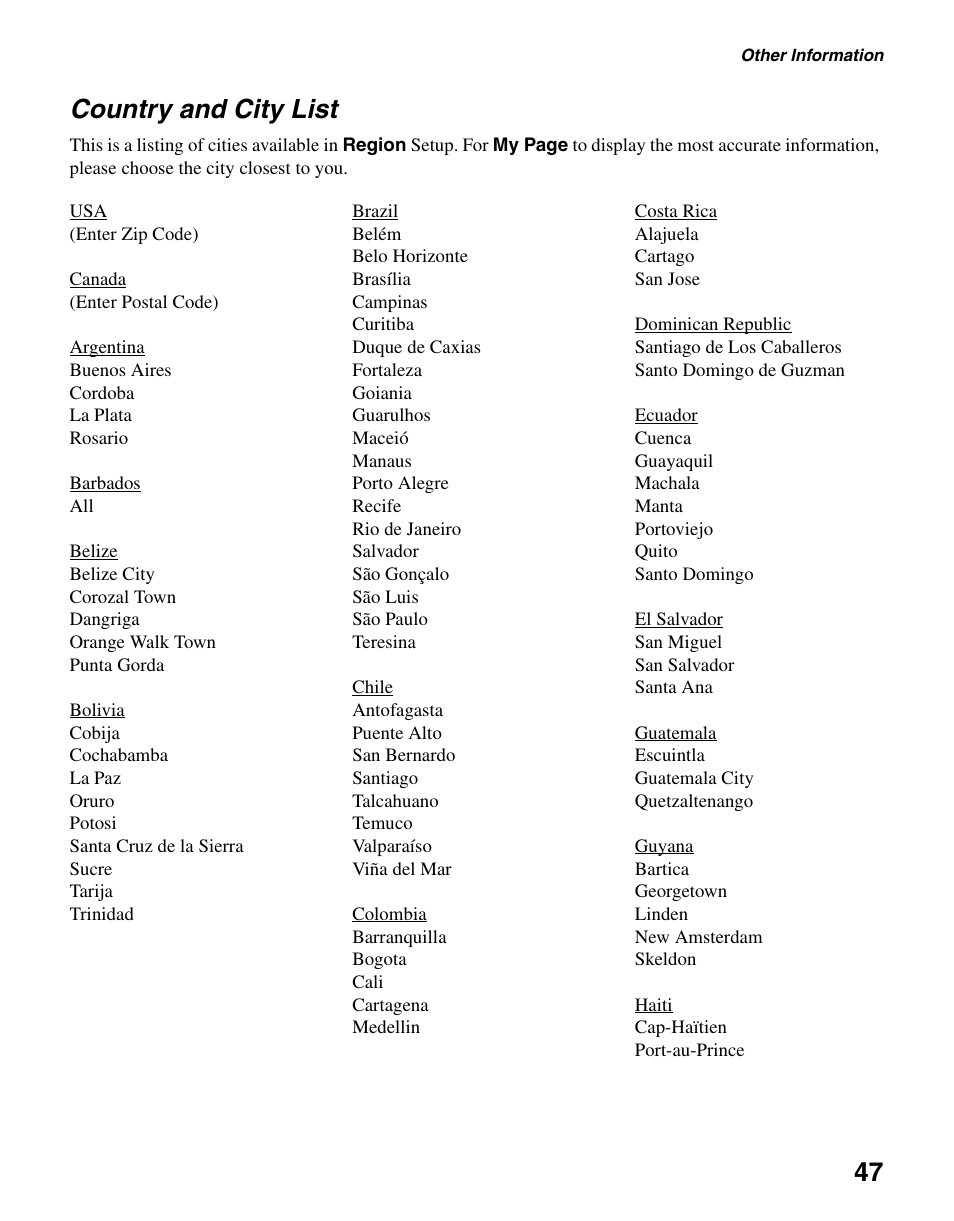 Country and city list, 47 country and city list | Sony BRAVIA DMX-NV1 User Manual | Page 47 / 54