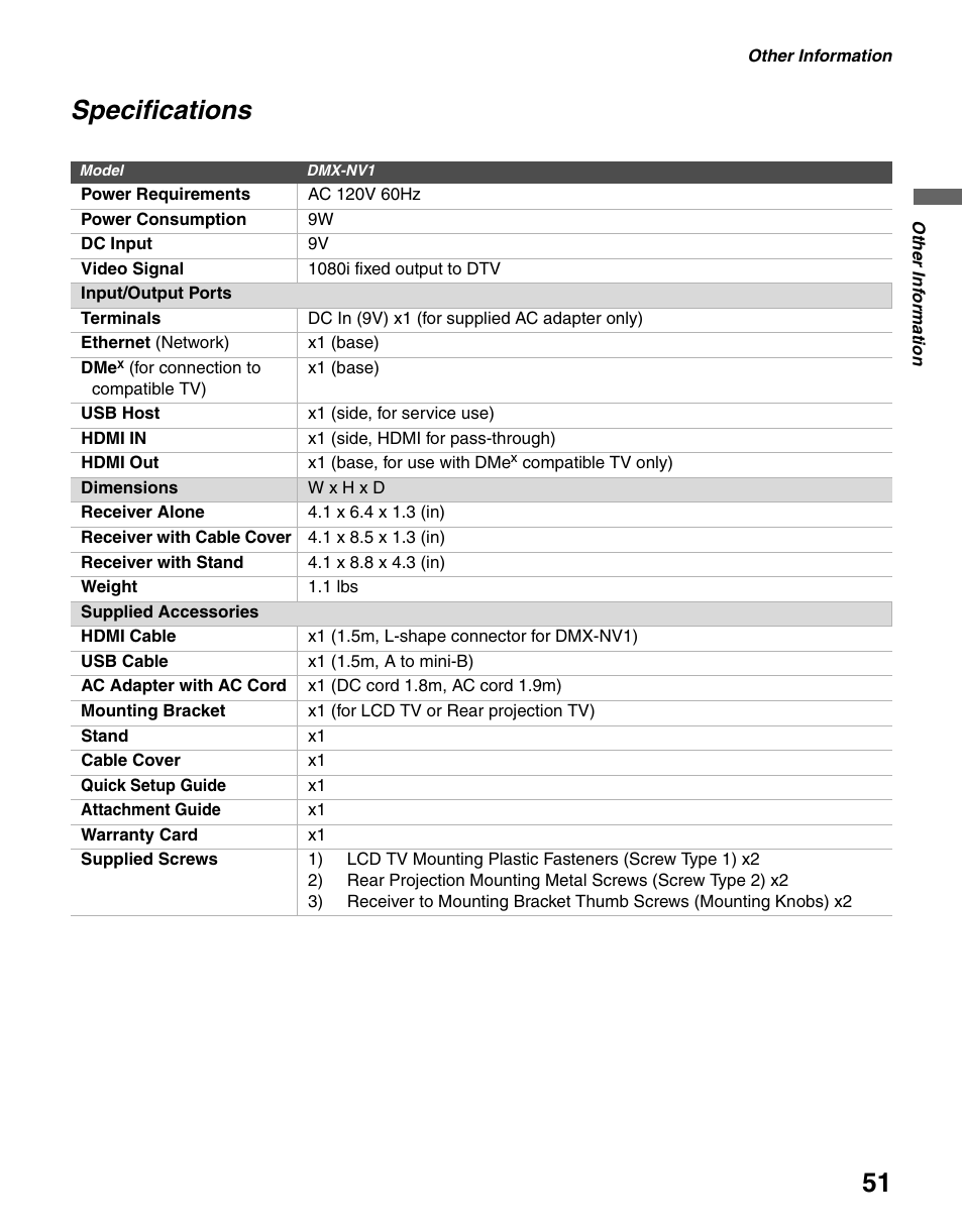 Specifications | Sony BRAVIA DMX-NV1 User Manual | Page 51 / 54