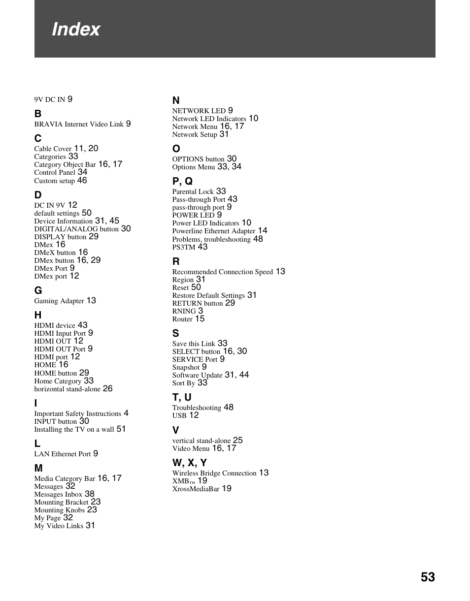 Index | Sony BRAVIA DMX-NV1 User Manual | Page 53 / 54