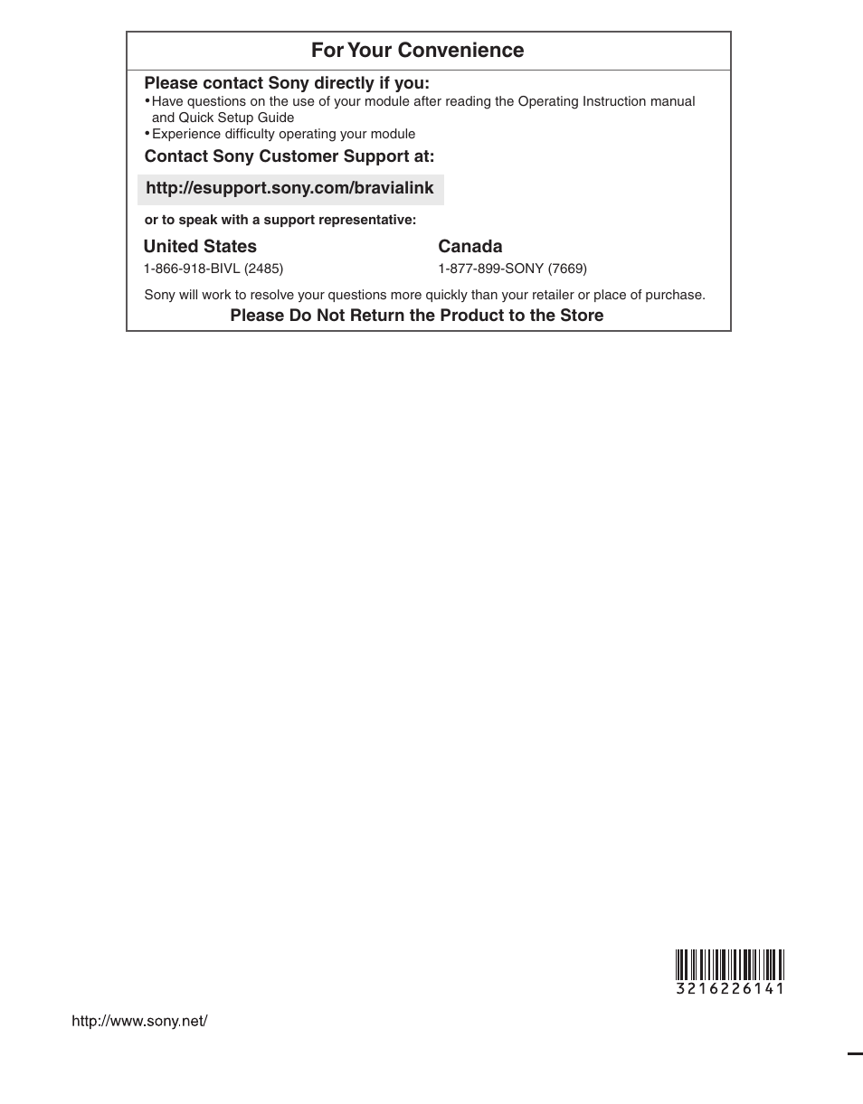 For your convenience, United states, Canada | Sony BRAVIA DMX-NV1 User Manual | Page 54 / 54