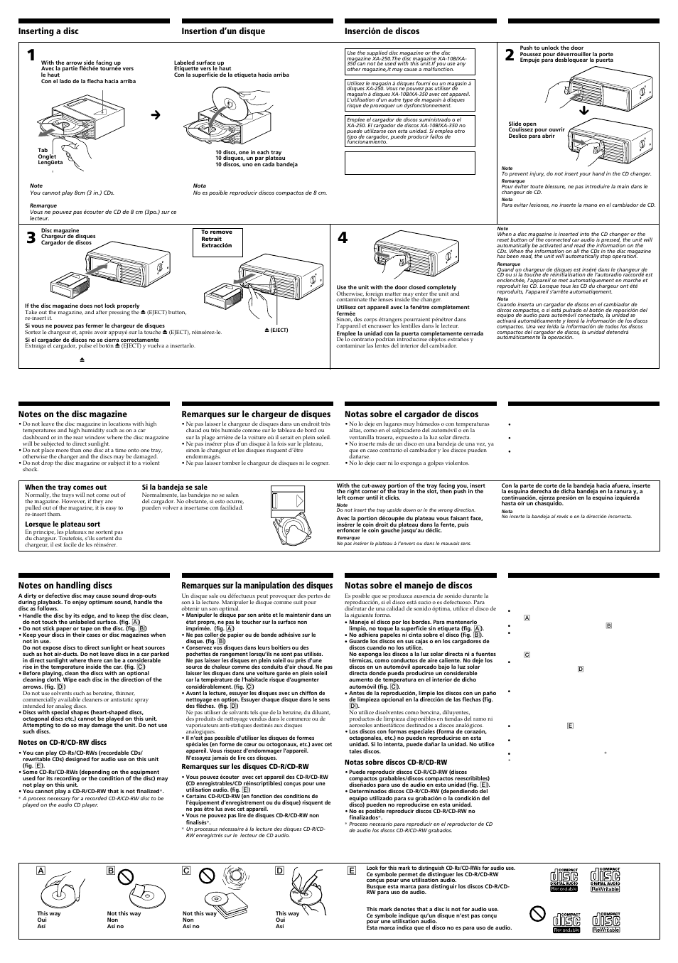 Notas sobre el manejo de discos, Remarques sur le chargeur de disques, Notas sobre el cargador de discos | Remarques sur la manipulation des disques | Sony CDX-656 User Manual | Page 2 / 3