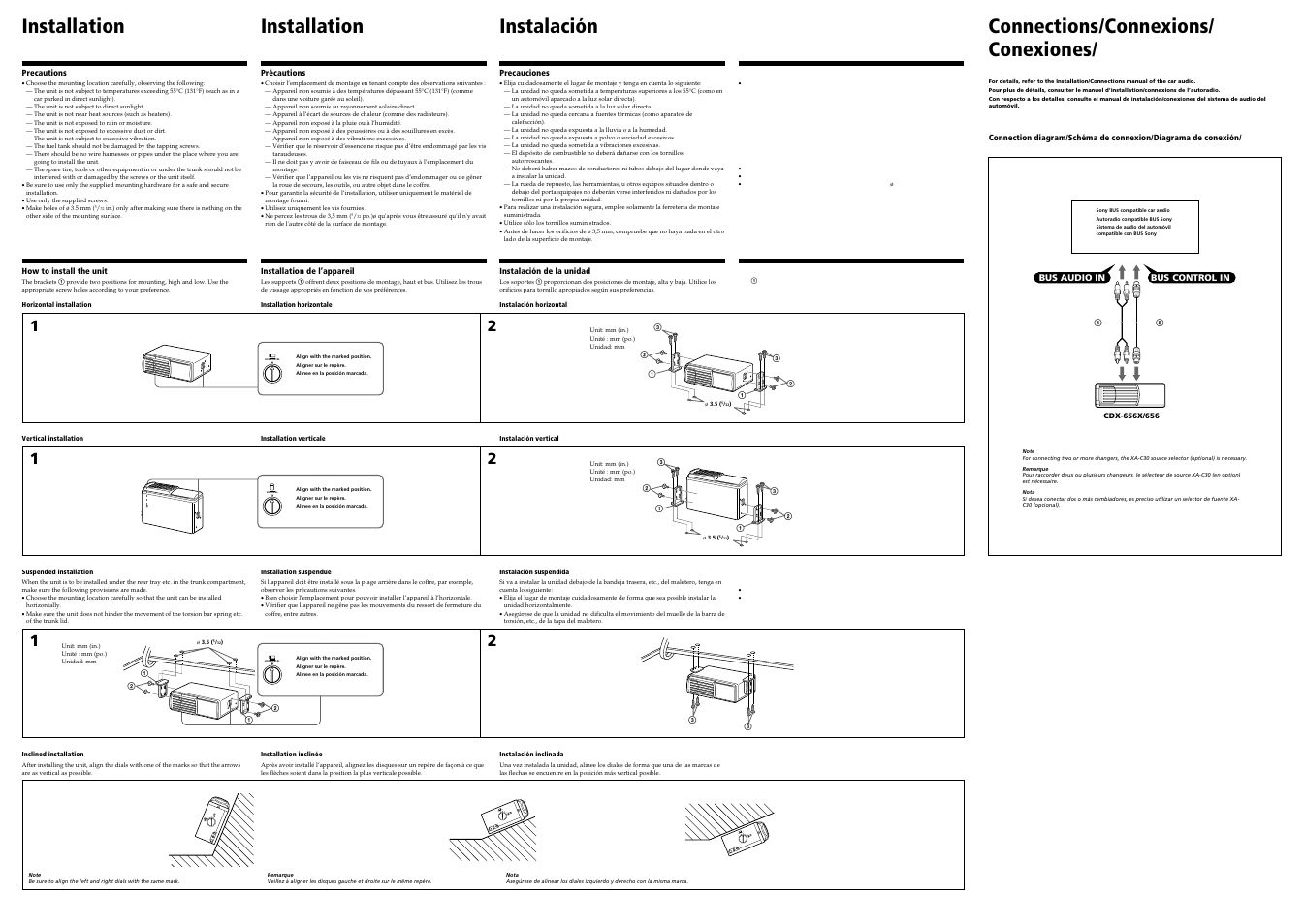 Connections/connexions/ conexiones, Installation, Installation instalación | Sony CDX-656 User Manual | Page 3 / 3