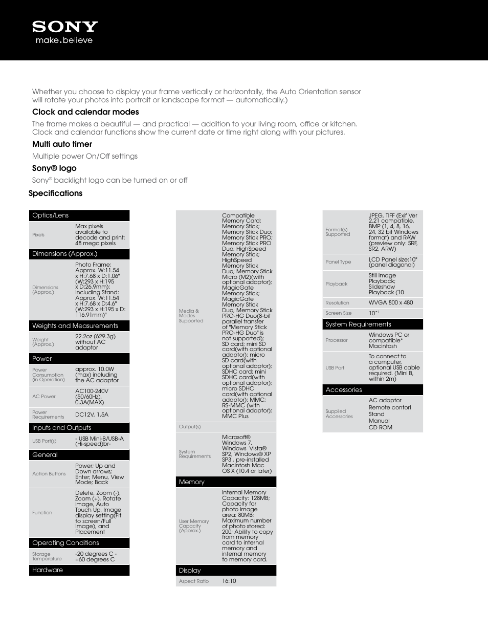 Specifications, Clock and calendar modes, Multi auto timer | Sony® logo, Multiple power on/off settings, Sony, Backlight logo can be turned on or off | Sony DPF-D1010 User Manual | Page 2 / 3