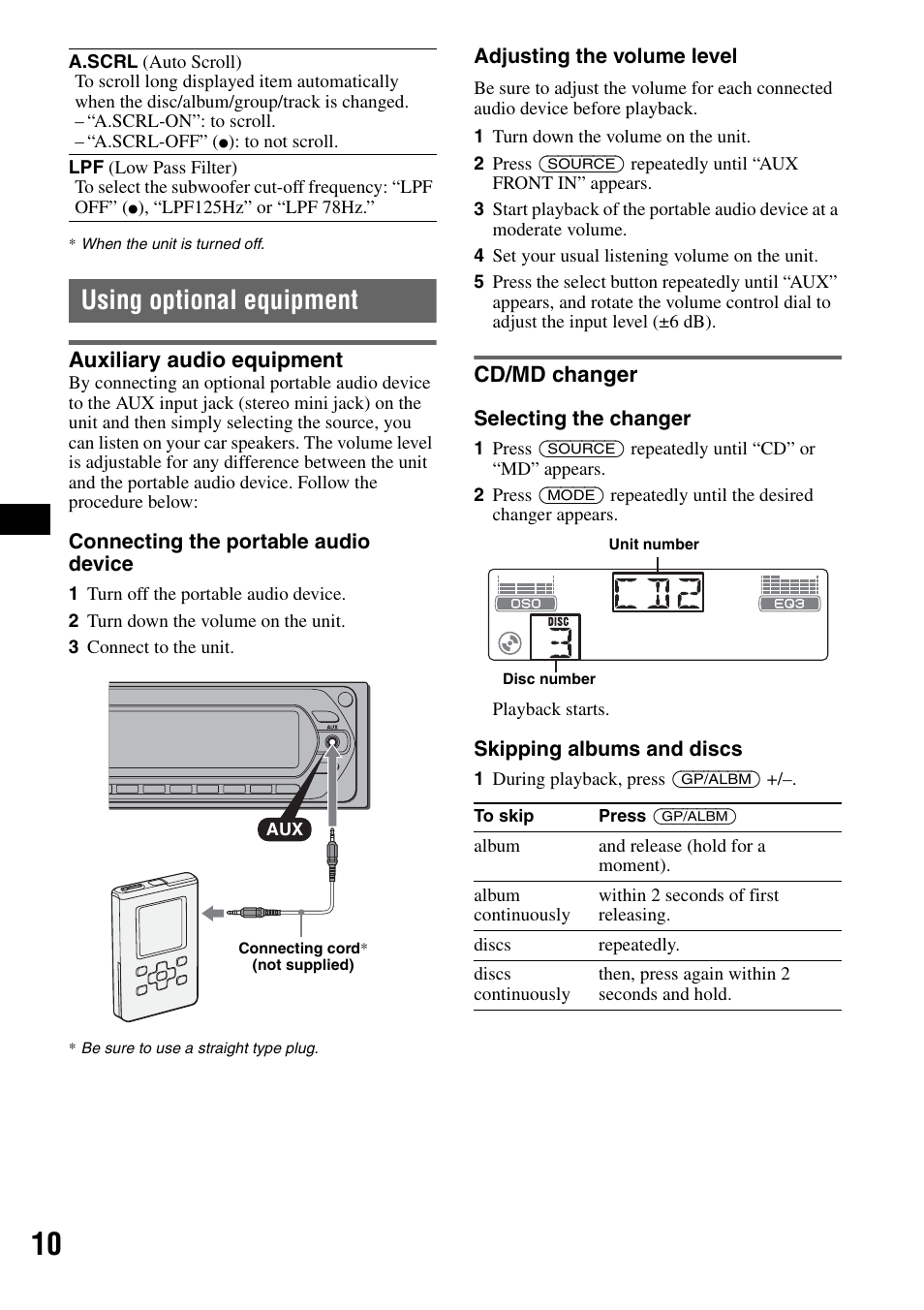 Using optional equipment, Auxiliary audio equipment, Cd/md changer | Auxiliary audio equipment cd/md changer | Sony CDX-GT40W User Manual | Page 10 / 36