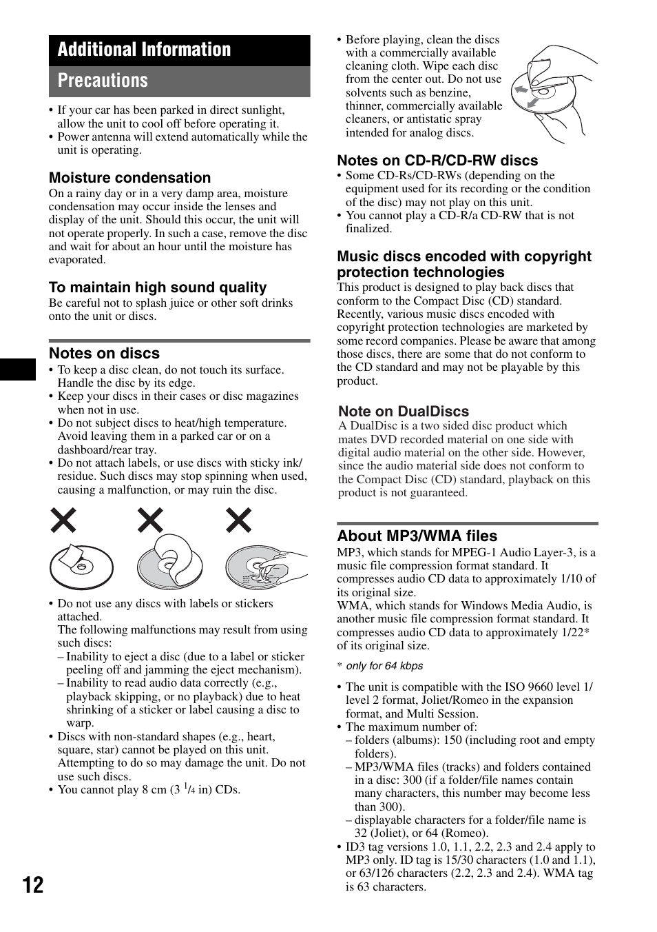 Additional information, Precautions, Notes on discs | About mp3/wma files, Notes on discs about mp3/wma files, Additional information precautions | Sony CDX-GT40W User Manual | Page 12 / 36