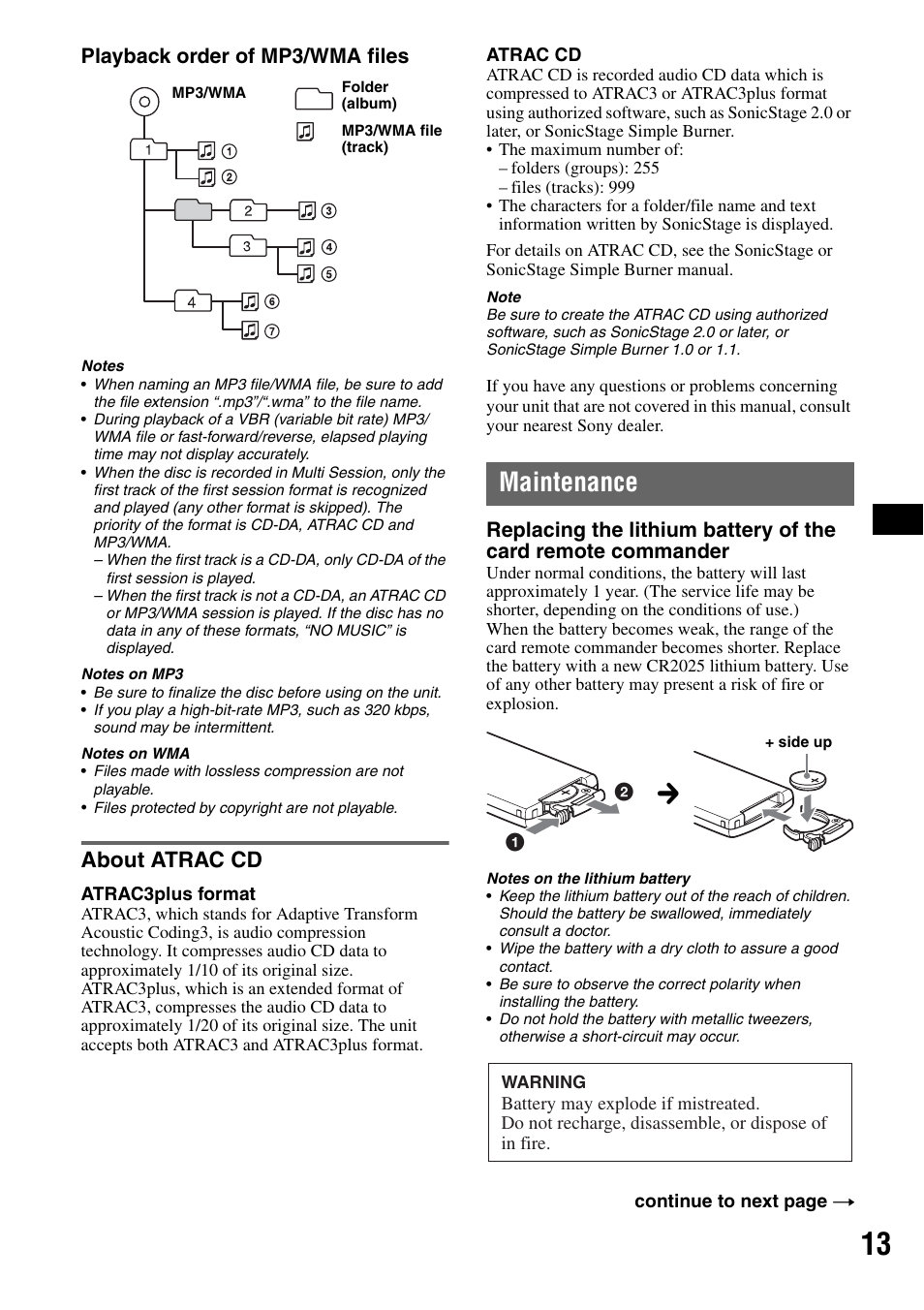 About atrac cd, Maintenance, Playback order of mp3/wma files | Sony CDX-GT40W User Manual | Page 13 / 36