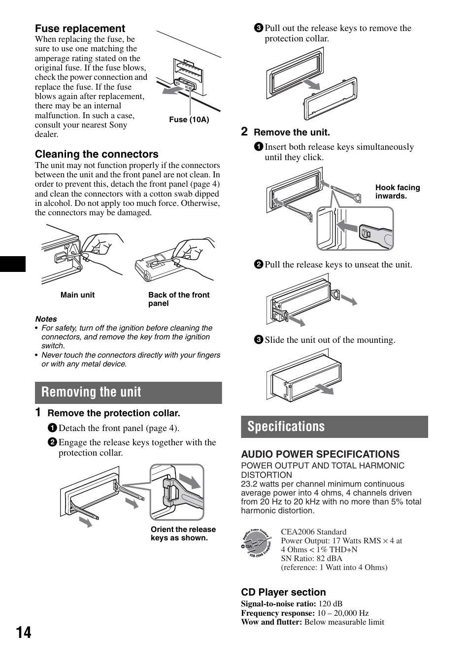 Removing the unit, Specifications, Removing the unit specifications | Sony CDX-GT40W User Manual | Page 14 / 36