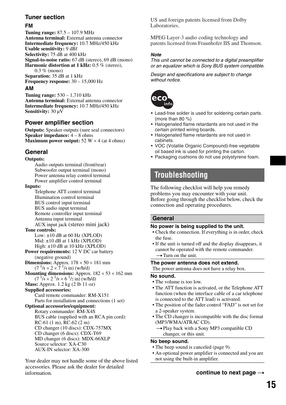 Troubleshooting | Sony CDX-GT40W User Manual | Page 15 / 36