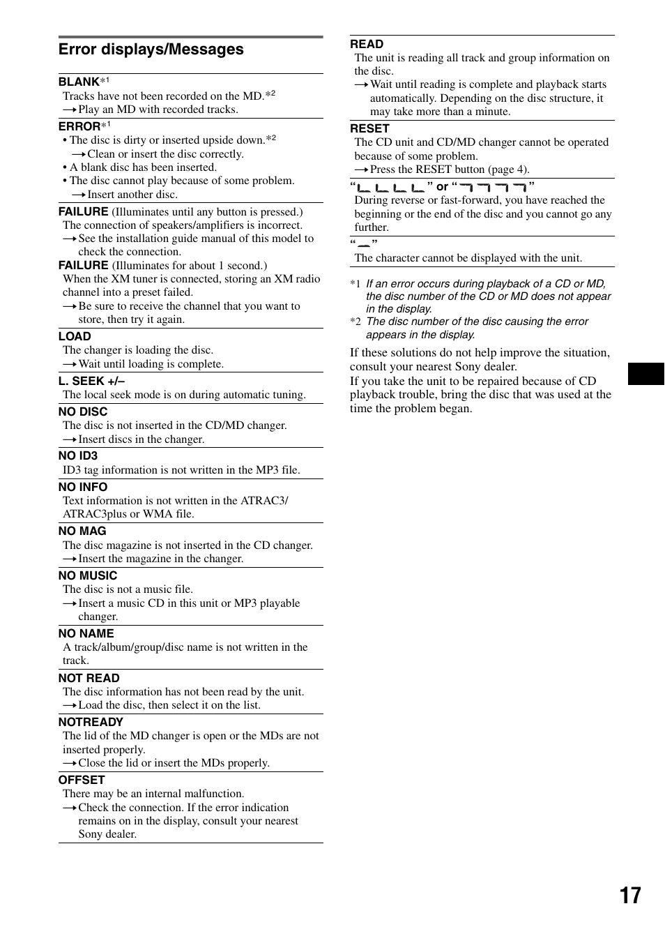 Error displays/messages | Sony CDX-GT40W User Manual | Page 17 / 36