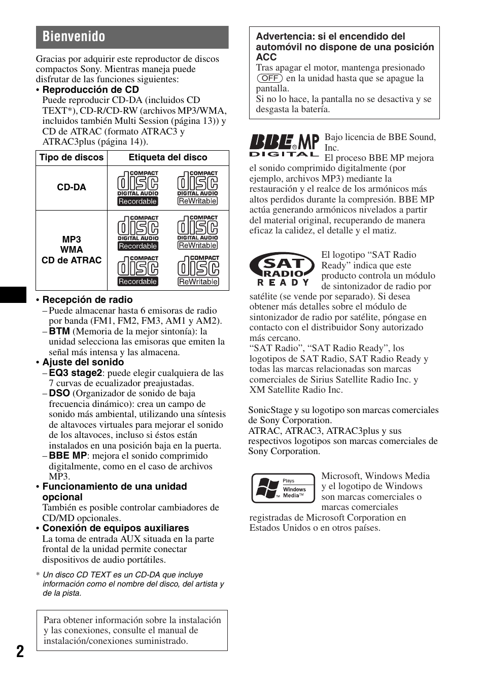 Bienvenido | Sony CDX-GT40W User Manual | Page 18 / 36