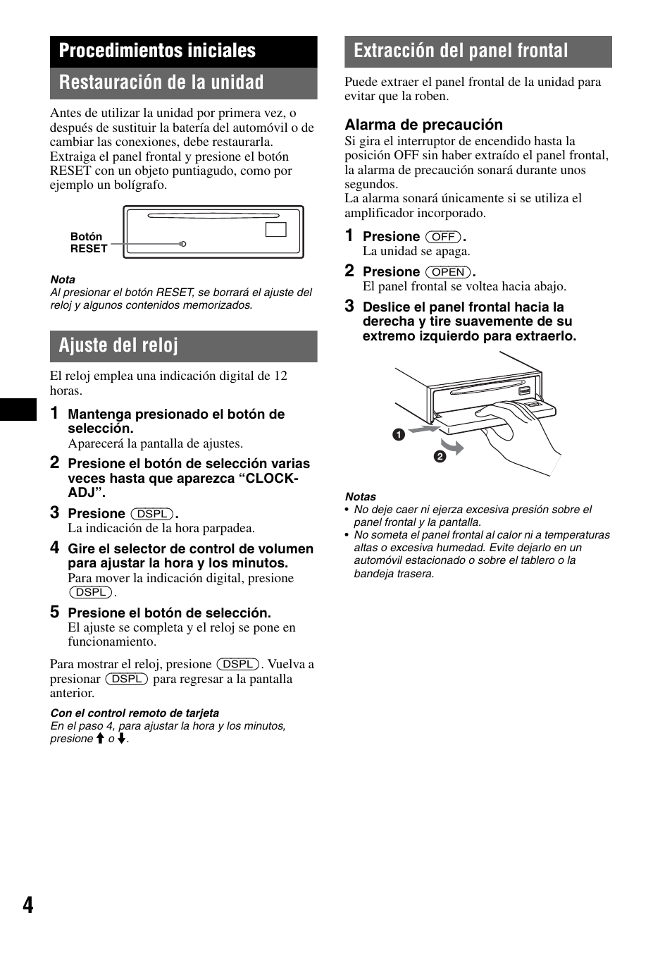 Procedimientos iniciales, Restauración de la unidad, Ajuste del reloj | Extracción del panel frontal, Procedimientos iniciales restauración de la unidad | Sony CDX-GT40W User Manual | Page 20 / 36