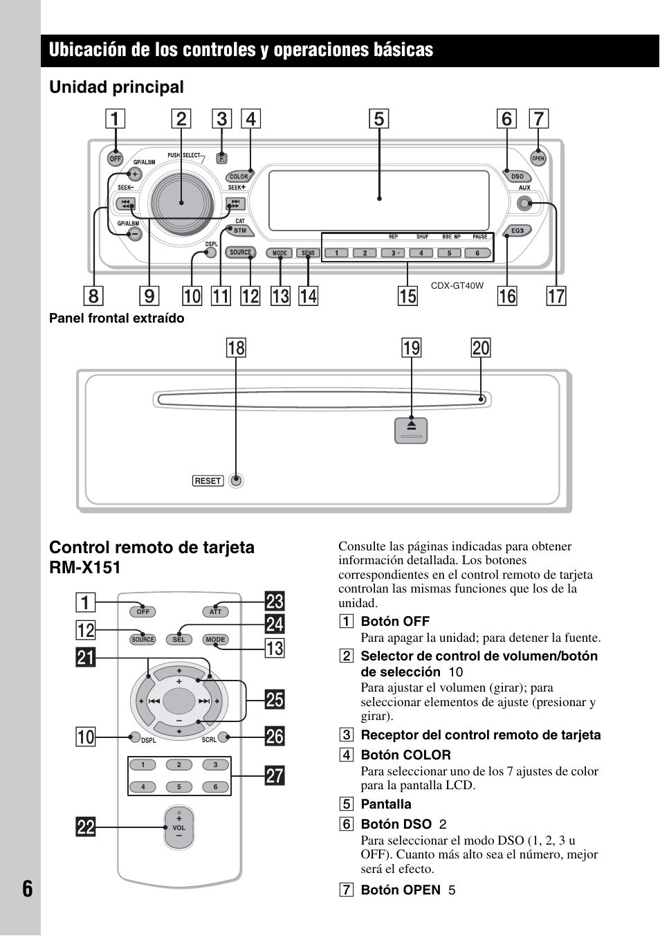 Ubicación de los controles y operaciones básicas, Unidad principal, Control remoto de tarjeta rm-x151 | Unidad principal control remoto de tarjeta rm-x151, Ql w; qk, Qs wf qd 1 wa q; wd ws wj wh wg | Sony CDX-GT40W User Manual | Page 22 / 36