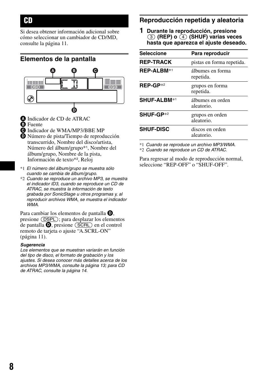 Elementos de la pantalla, Reproducción repetida y aleatoria | Sony CDX-GT40W User Manual | Page 24 / 36