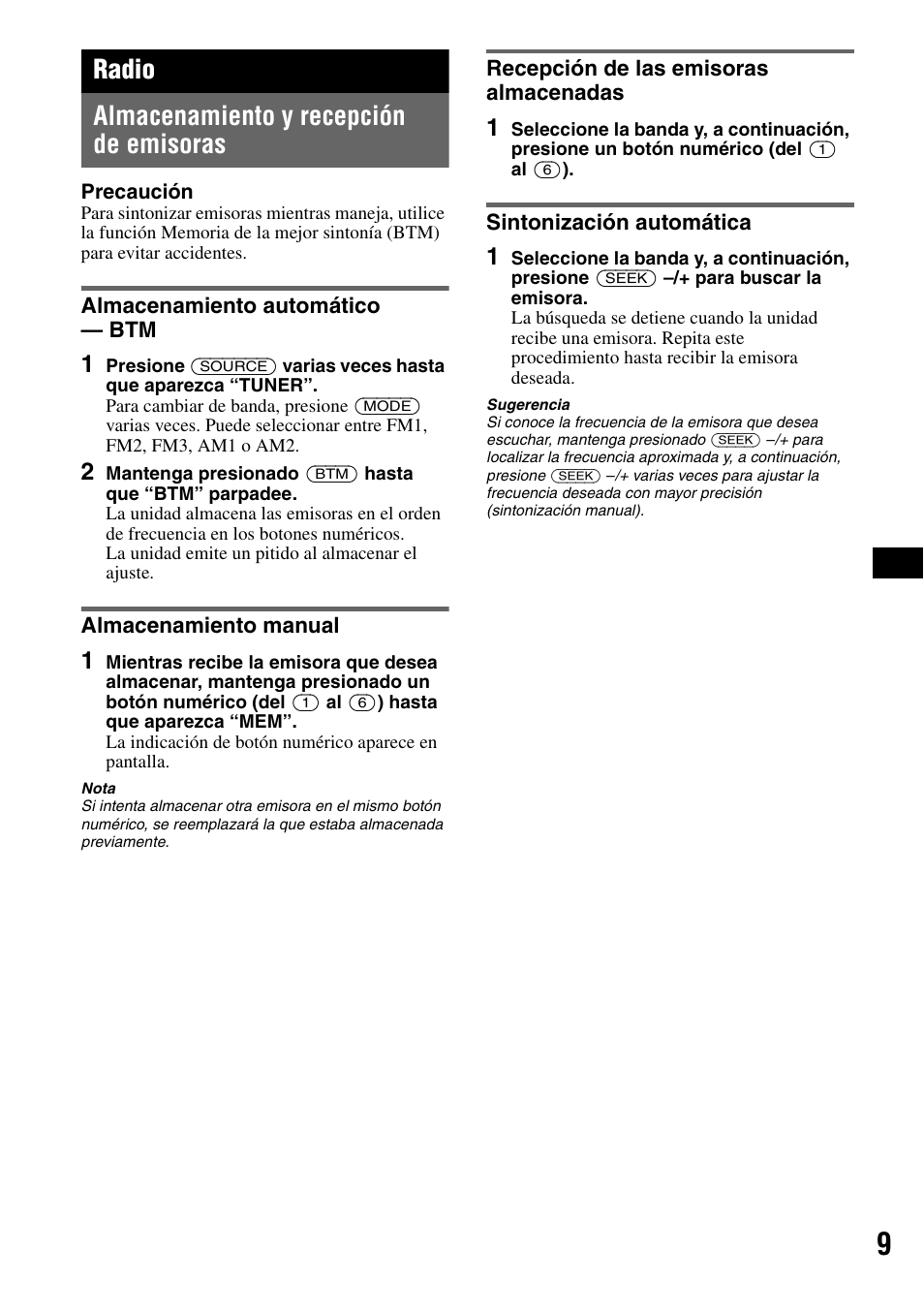 Radio, Almacenamiento y recepción de emisoras, Almacenamiento automático - btm | Almacenamiento manual, Recepción de las emisoras almacenadas, Sintonización automática, Radio almacenamiento y recepción de emisoras | Sony CDX-GT40W User Manual | Page 25 / 36
