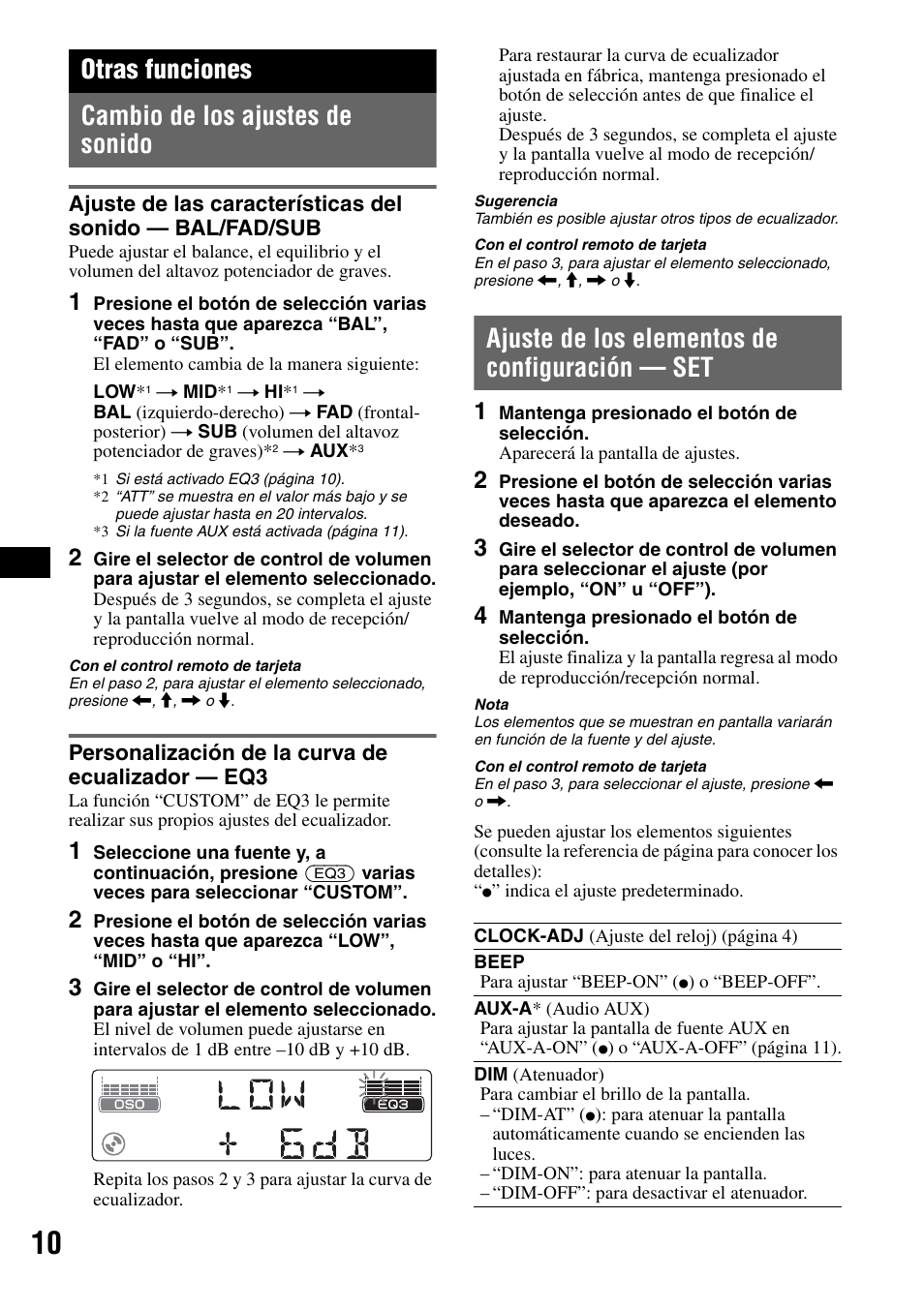 Otras funciones, Cambio de los ajustes de sonido, Personalización de la curva de ecualizador - eq3 | Ajuste de los elementos de configuración - set, Ajuste de los elementos de configuración — set, Otras funciones cambio de los ajustes de sonido, Personalización de la curva de ecualizador — eq3 | Sony CDX-GT40W User Manual | Page 26 / 36