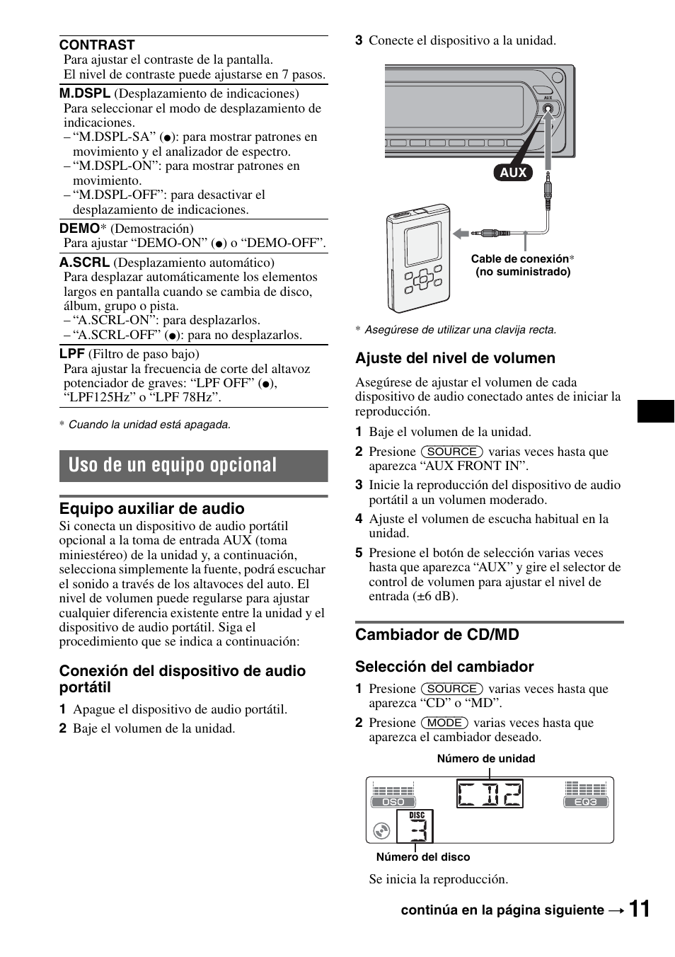 Uso de un equipo opcional, Equipo auxiliar de audio, Cambiador de cd/md | Equipo auxiliar de audio cambiador de cd/md | Sony CDX-GT40W User Manual | Page 27 / 36