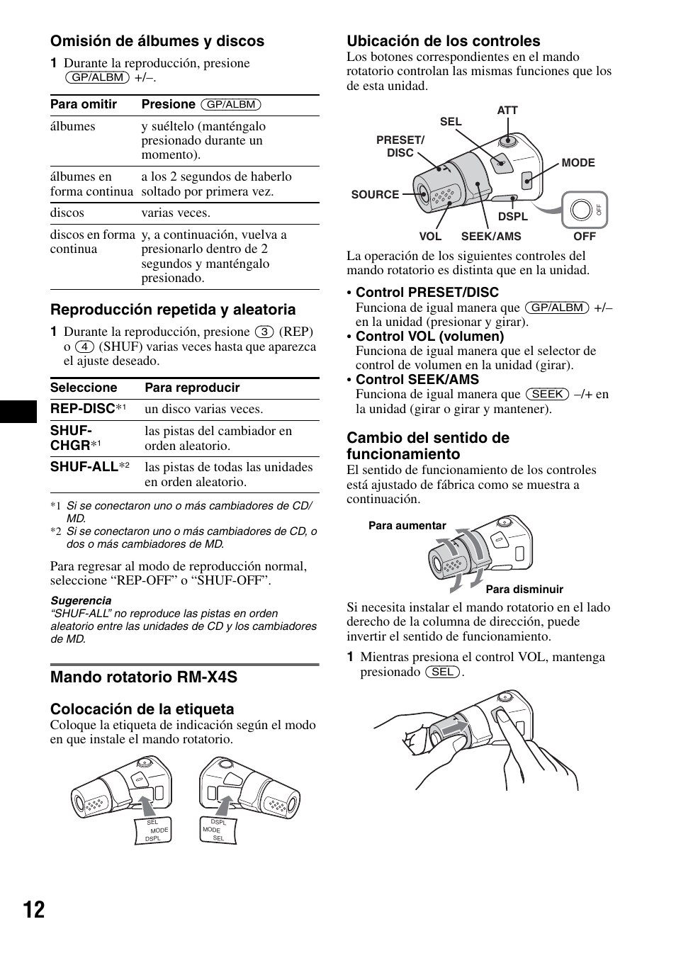 Mando rotatorio rm-x4s, Omisión de álbumes y discos, Reproducción repetida y aleatoria | Colocación de la etiqueta, Ubicación de los controles, Cambio del sentido de funcionamiento | Sony CDX-GT40W User Manual | Page 28 / 36