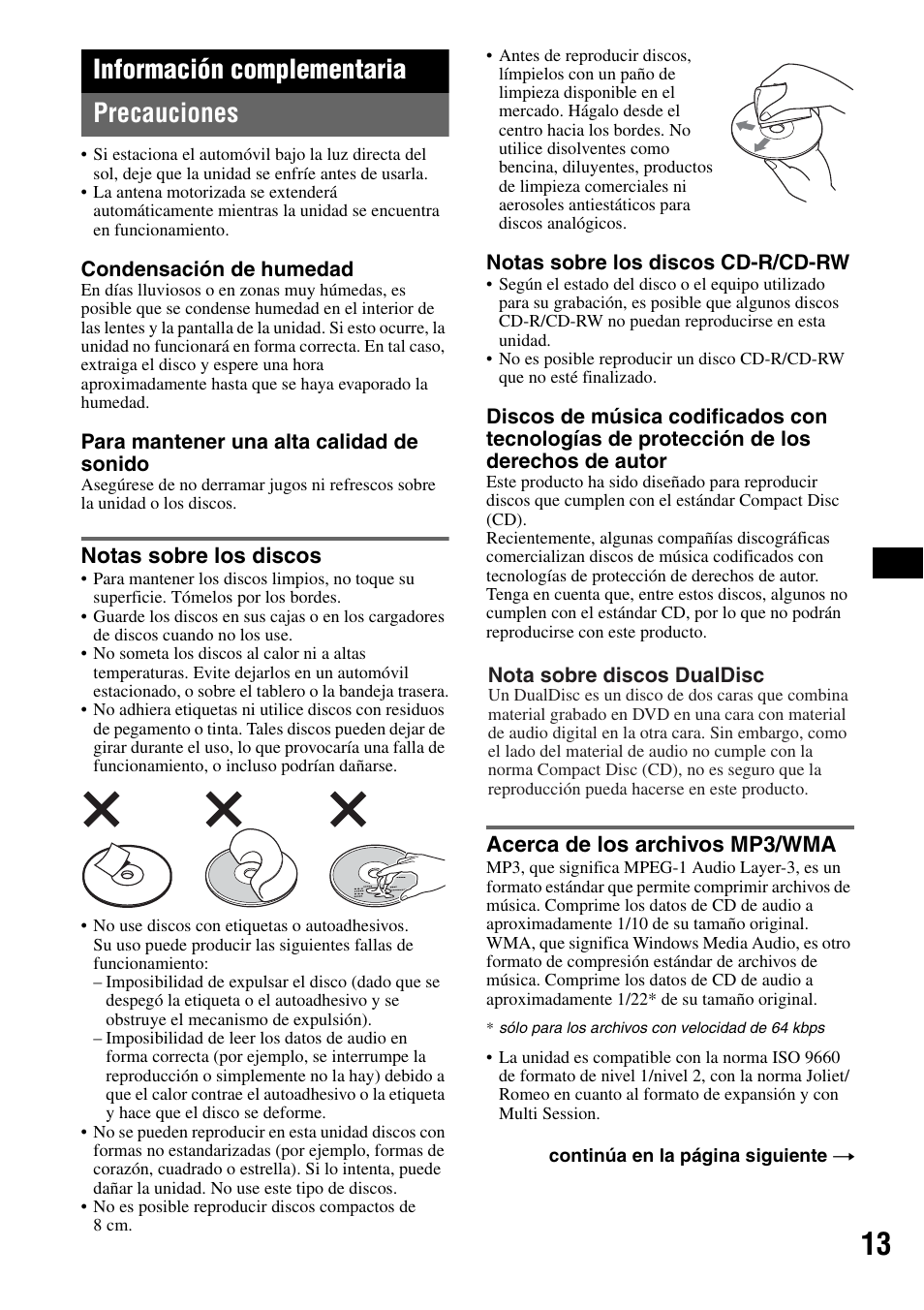 Información complementaria, Precauciones, Notas sobre los discos | Acerca de los archivos mp3/wma, Información complementaria precauciones | Sony CDX-GT40W User Manual | Page 29 / 36