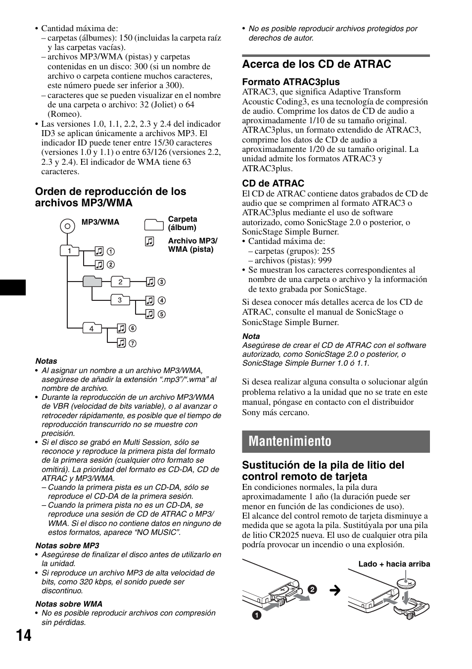 Acerca de los cd de atrac, Mantenimiento | Sony CDX-GT40W User Manual | Page 30 / 36