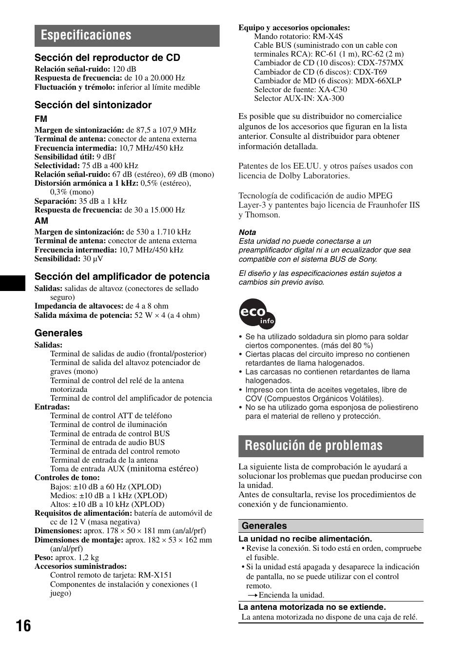Especificaciones, Resolución de problemas, Especificaciones resolución de problemas | Sony CDX-GT40W User Manual | Page 32 / 36